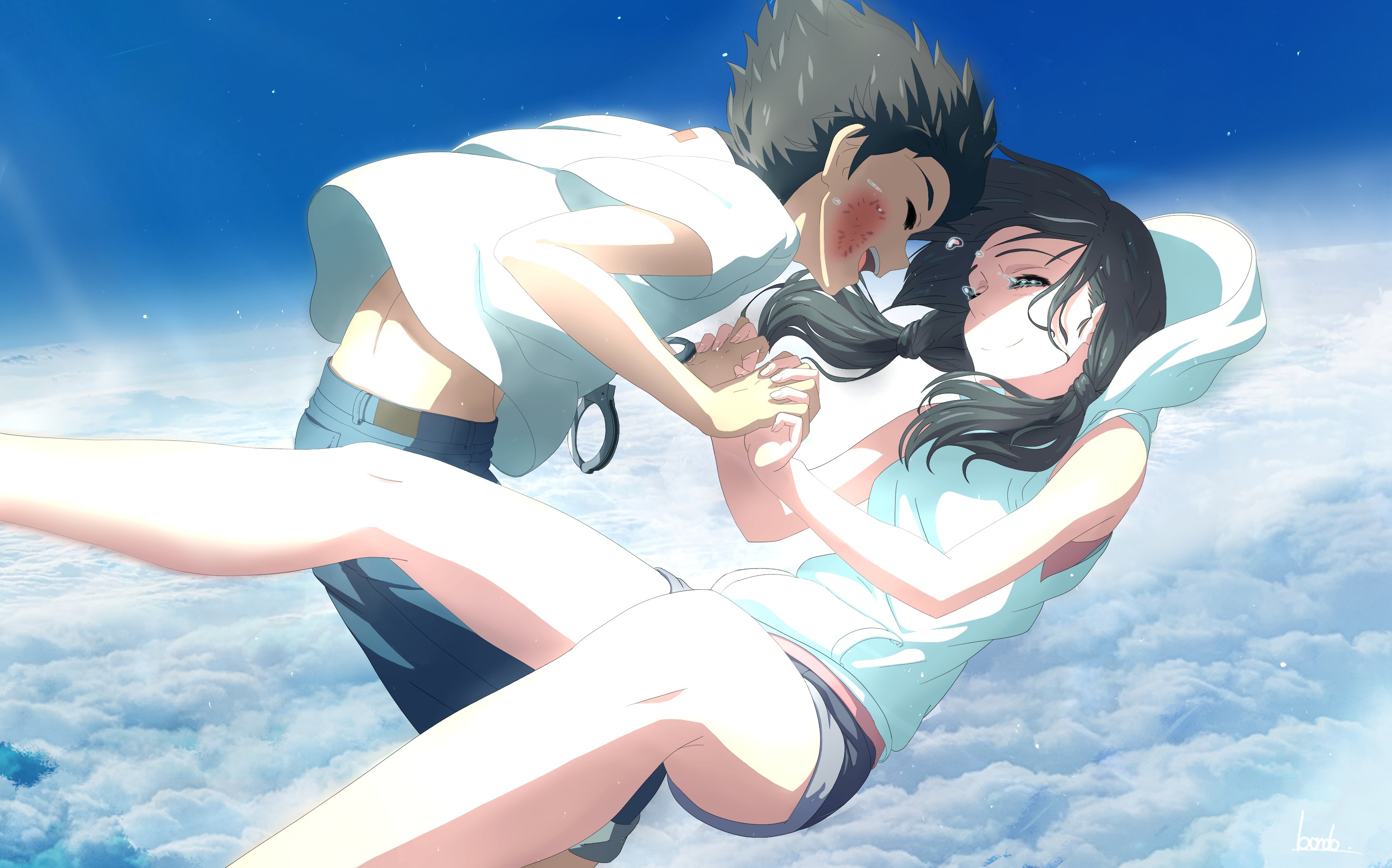 Hina Amano and Hodaka Morishima Floating in Sky HD Wallpaper