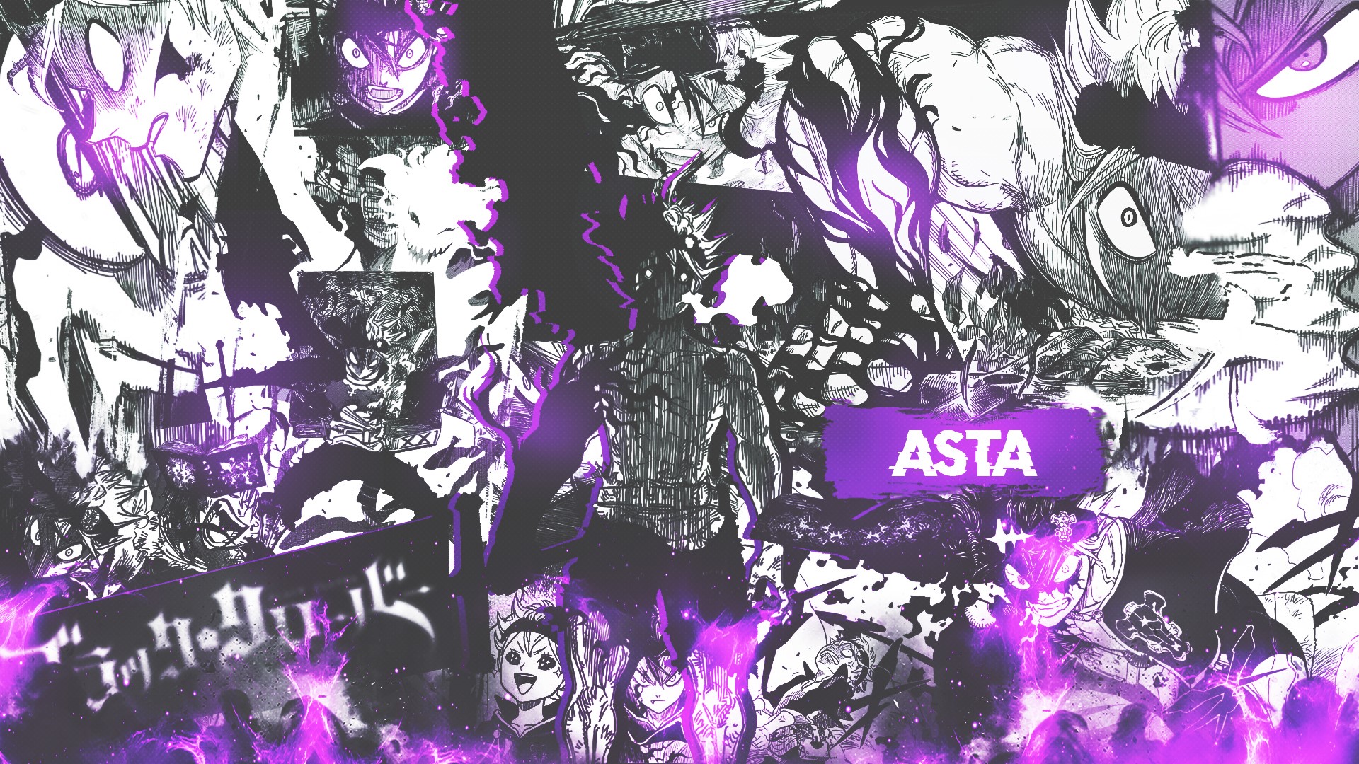 Collage of Asta and characters from Black Clover with purple effects HD Wallpaper