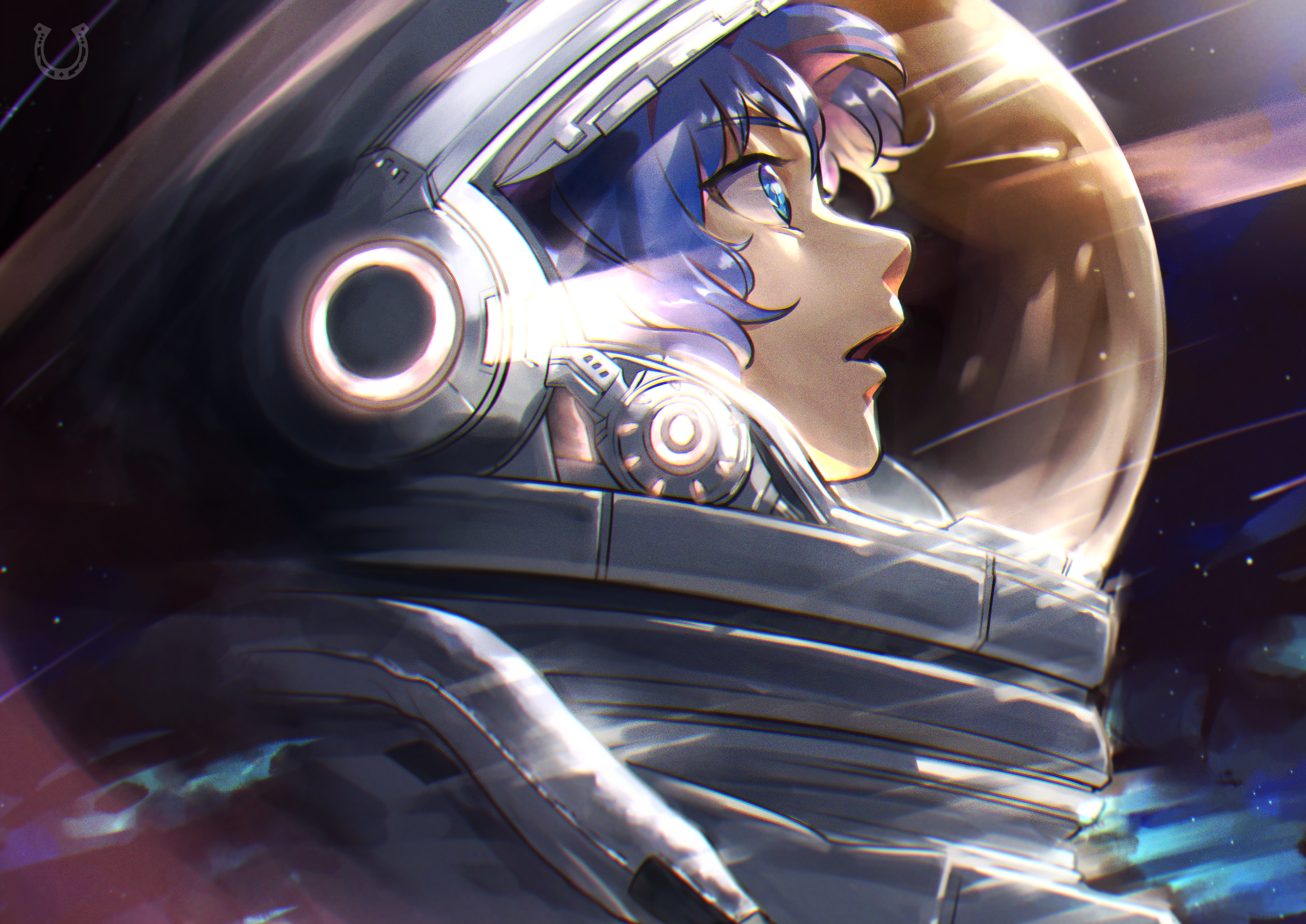Anime girl with blue hair and eyes in a space suit HD Wallpaper