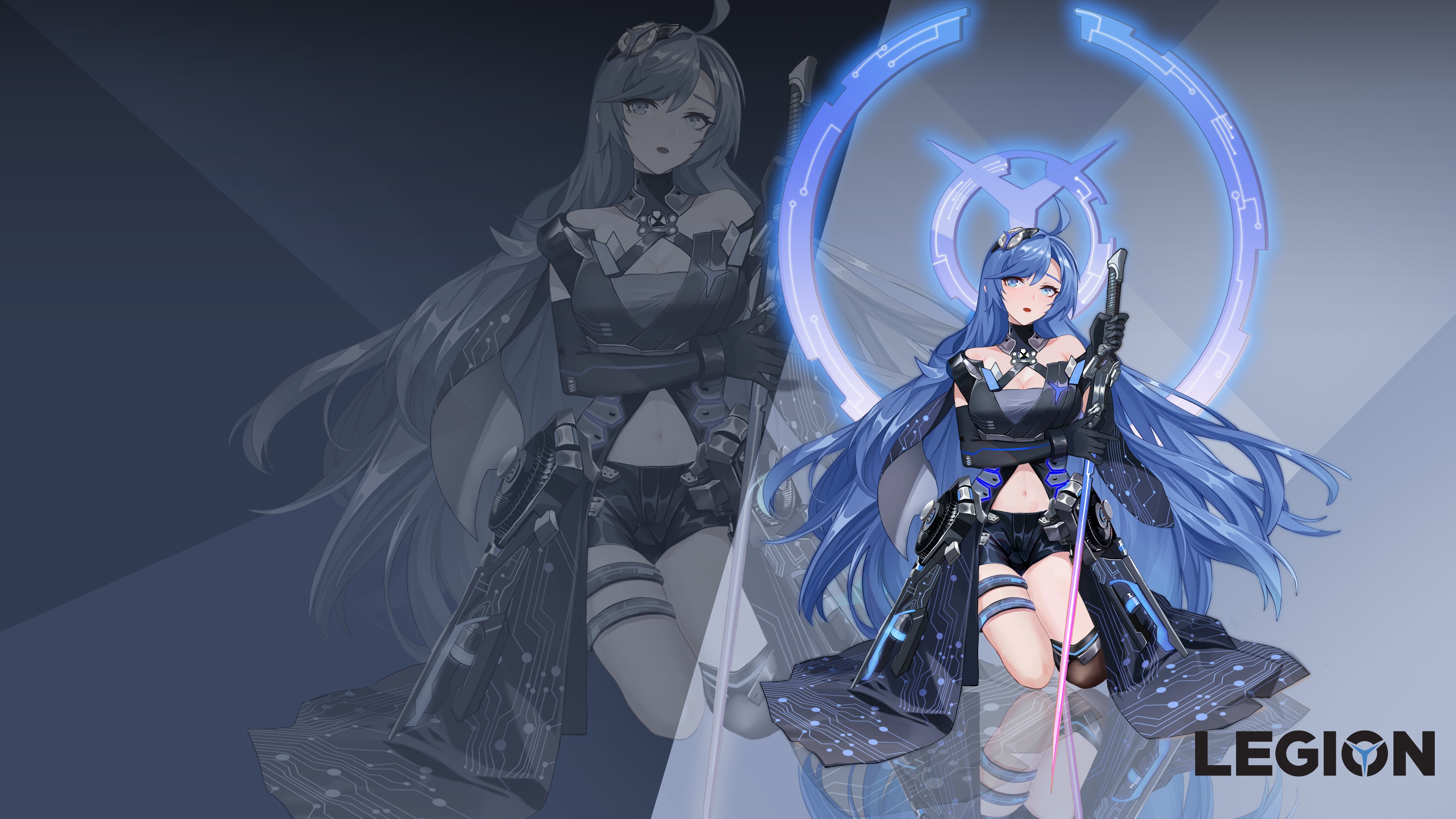 Anime girl with blue hair and sword HD Wallpaper
