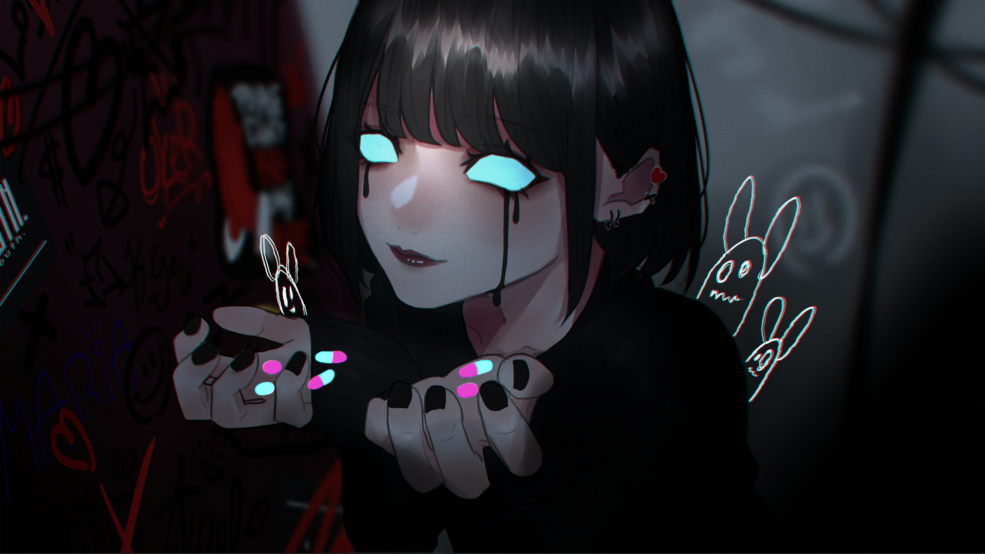 Emo Girl with Glowing Eyes and Colorful Pills HD Wallpaper