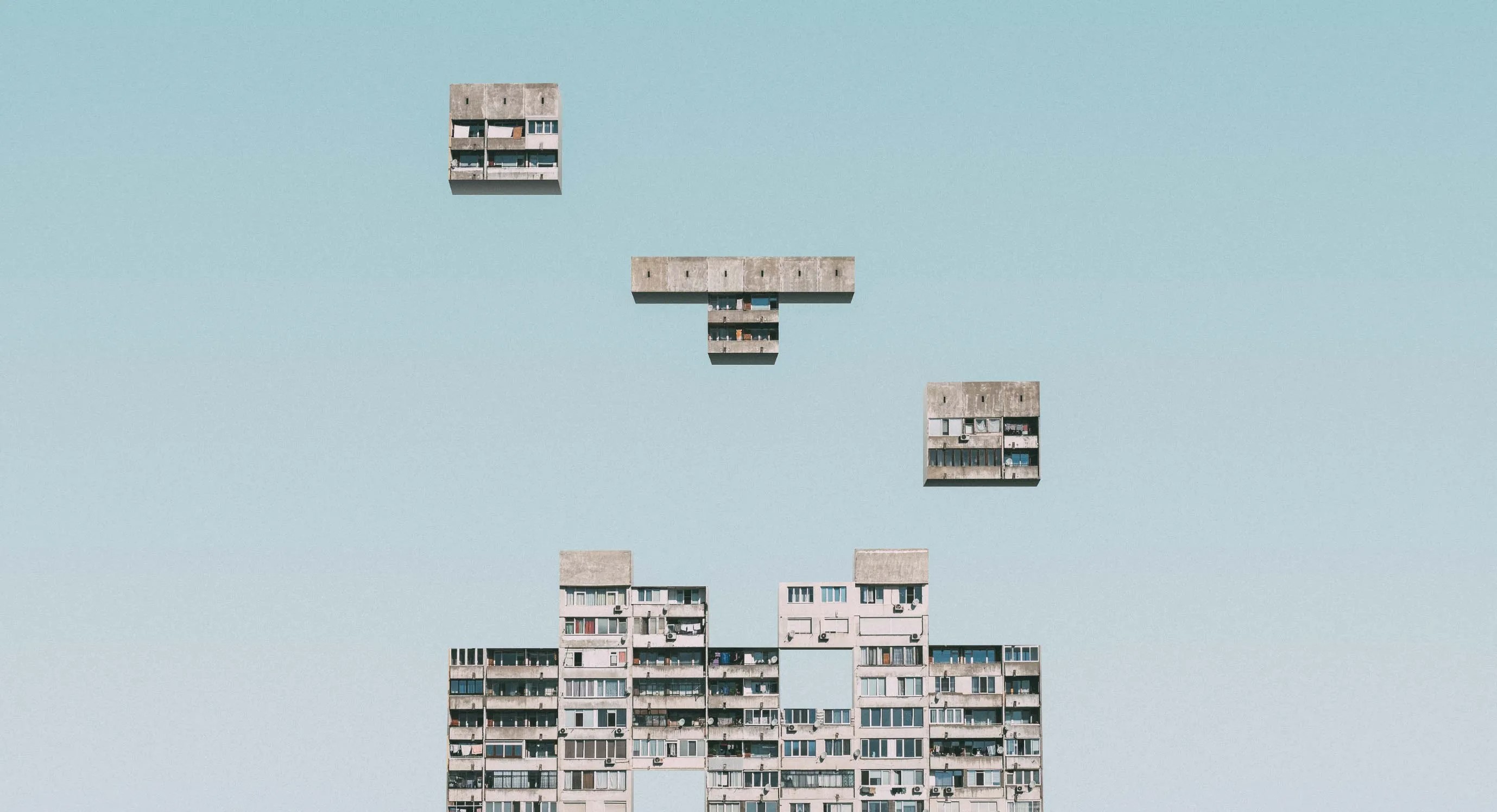 Surreal Tetris blocks of flats in the sky HD Wallpaper