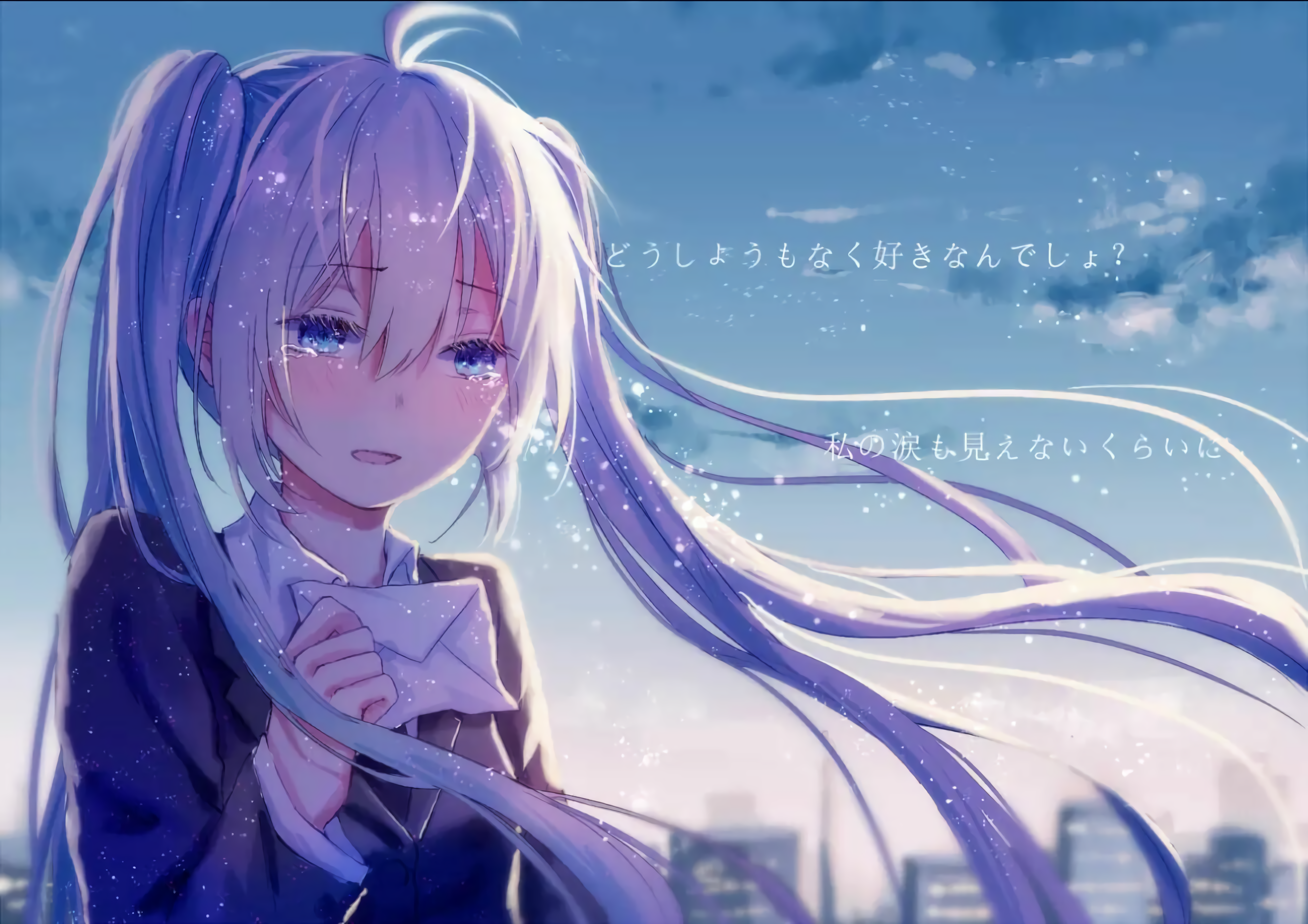 Anime girl with twintails crying holding a letter HD Wallpaper