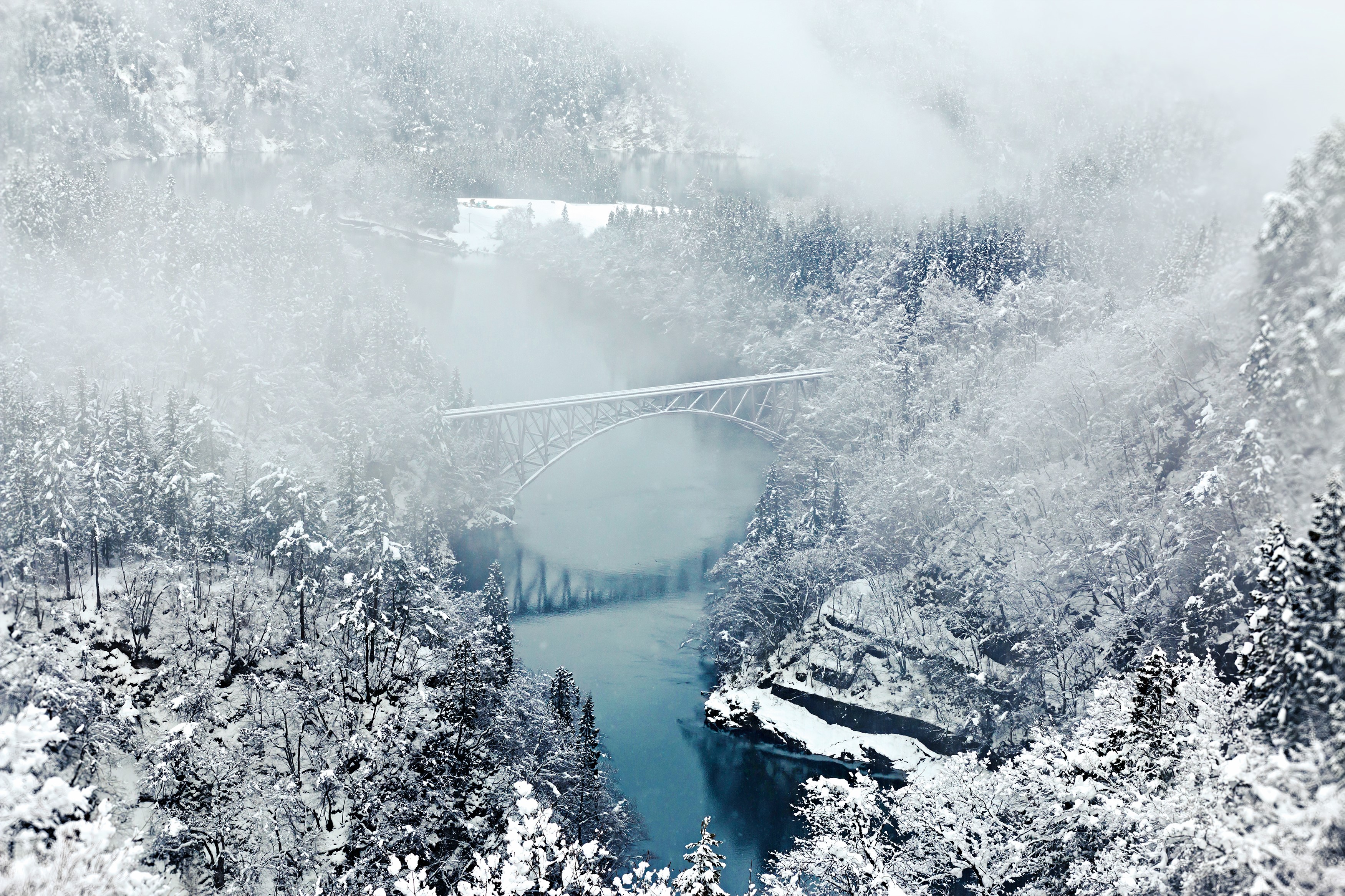 Snowy River Valley with a Bridge in Japan HD Wallpaper