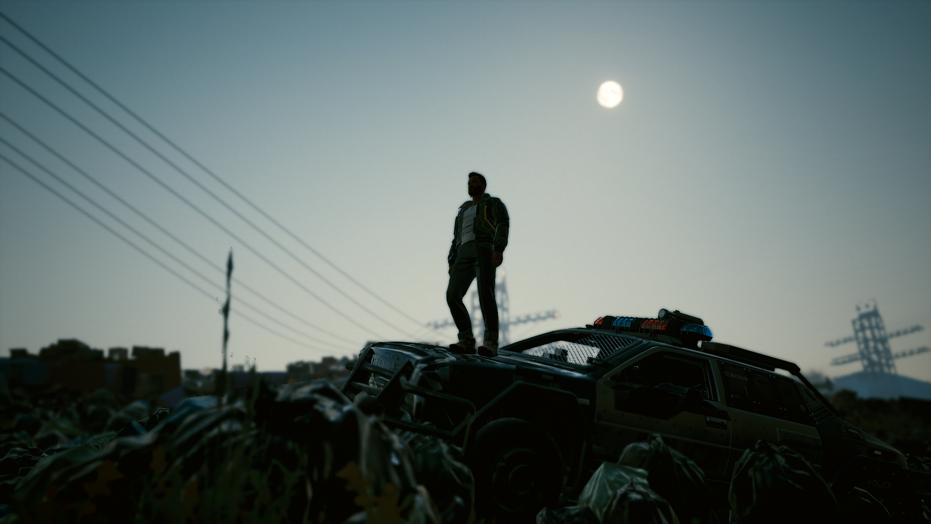 Man standing on a destroyed car in Cyberpunk 2077 HD Wallpaper