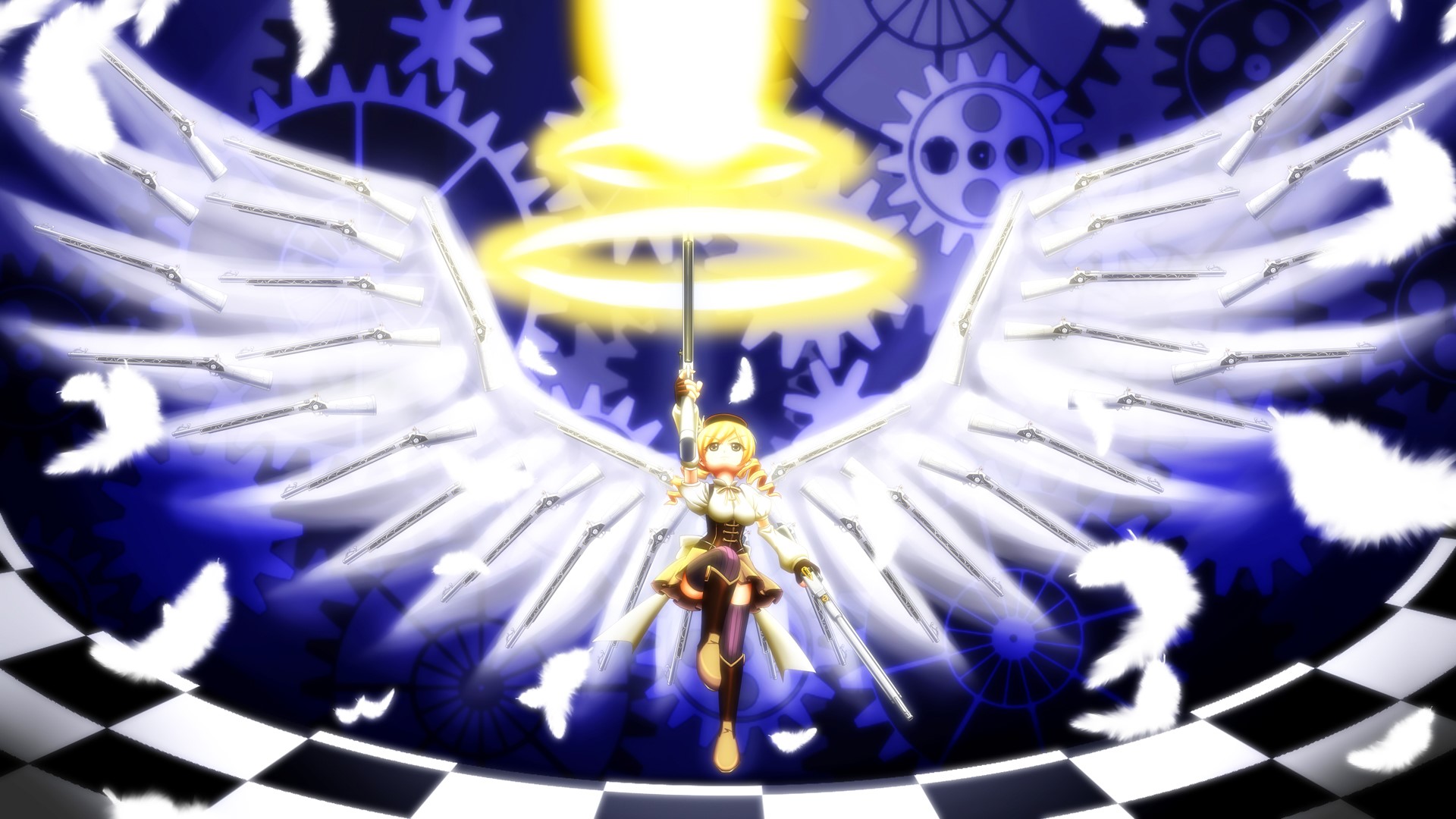 Tomoe Mami from Mahou Shoujo Madoka Magica with wings and guns HD Wallpaper