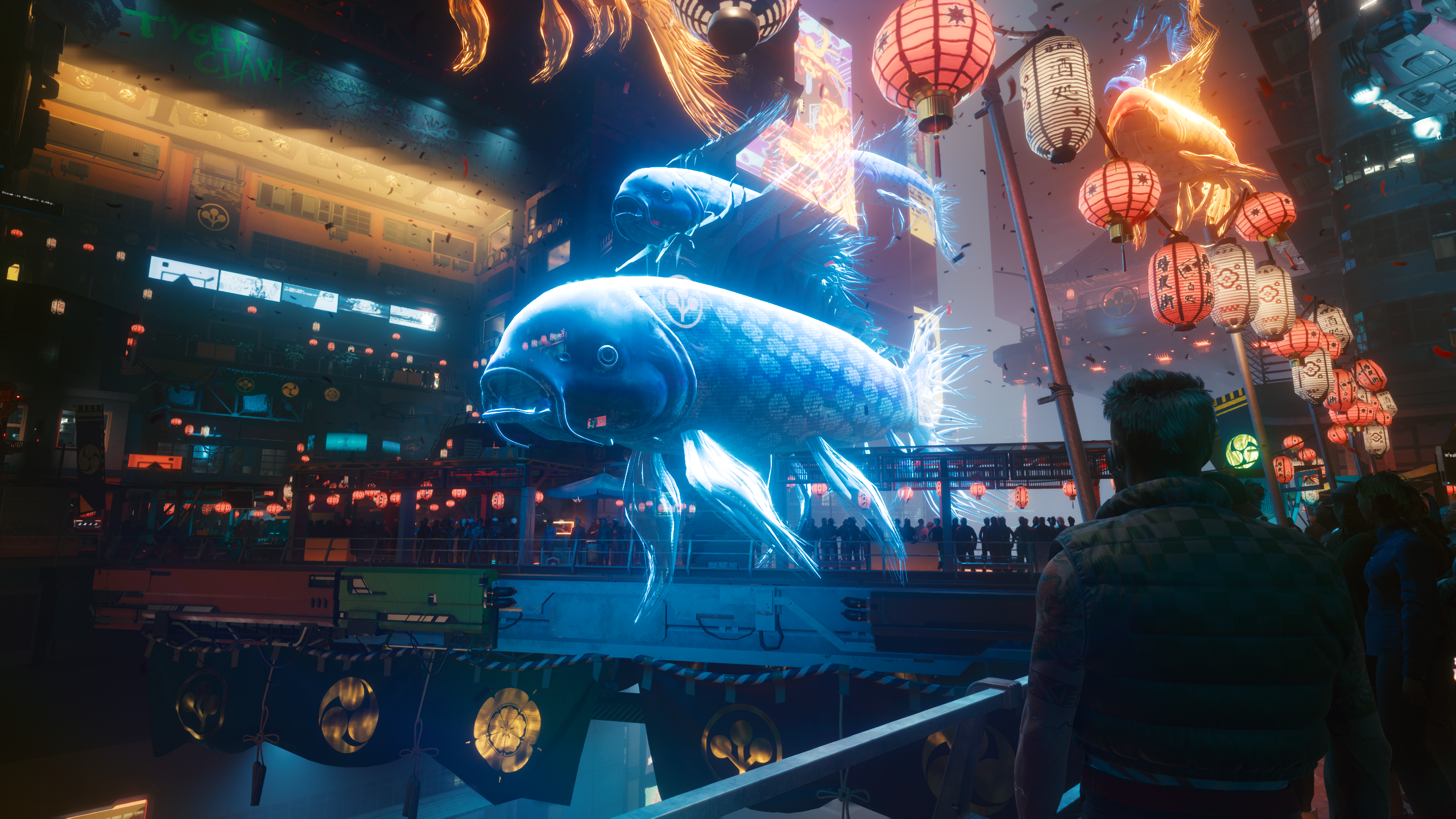 Cyberpunk 2077 screenshot with holographic fish HD Wallpaper