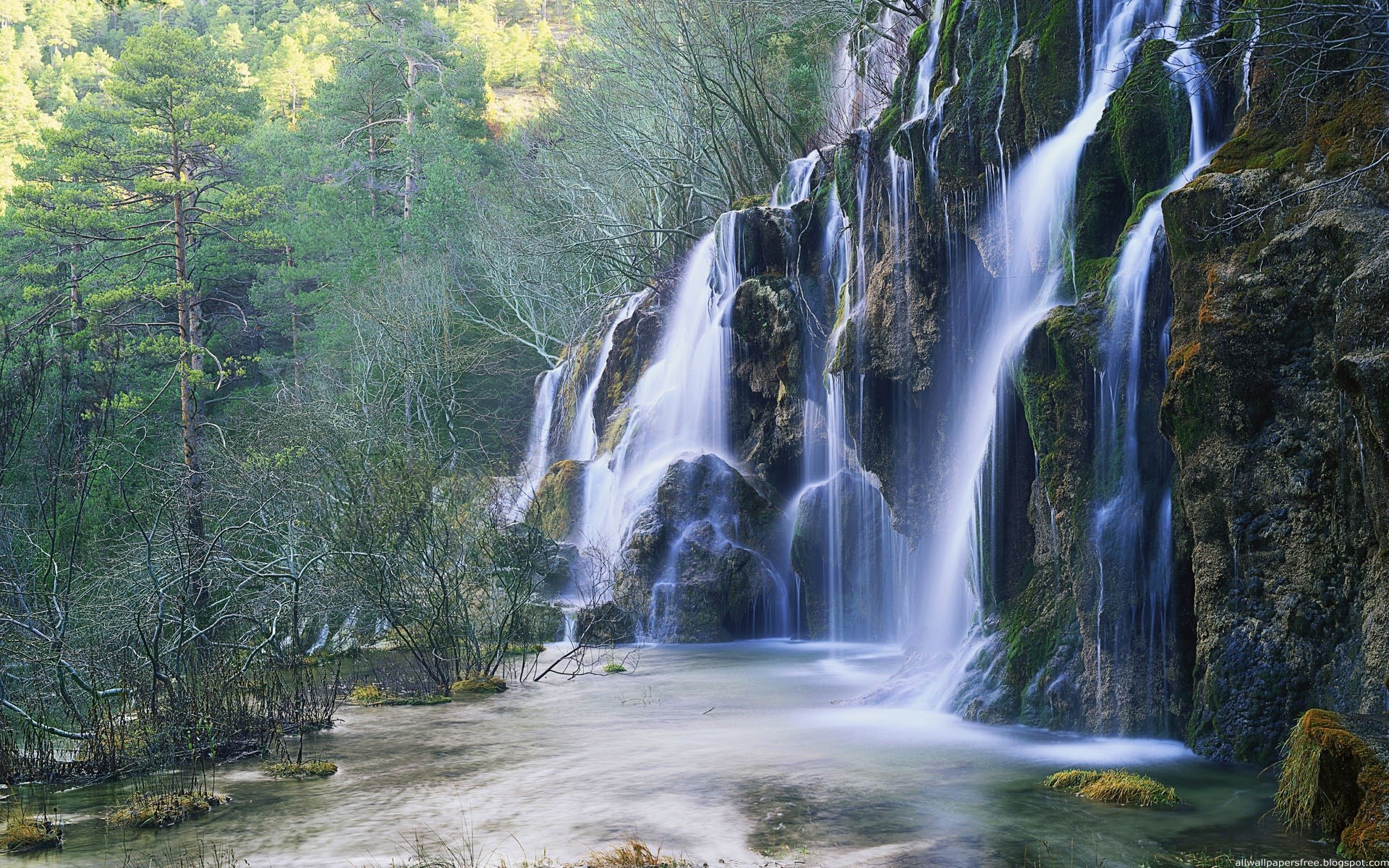 Waterfall cascading down mossy rocks in a forest HD Wallpaper