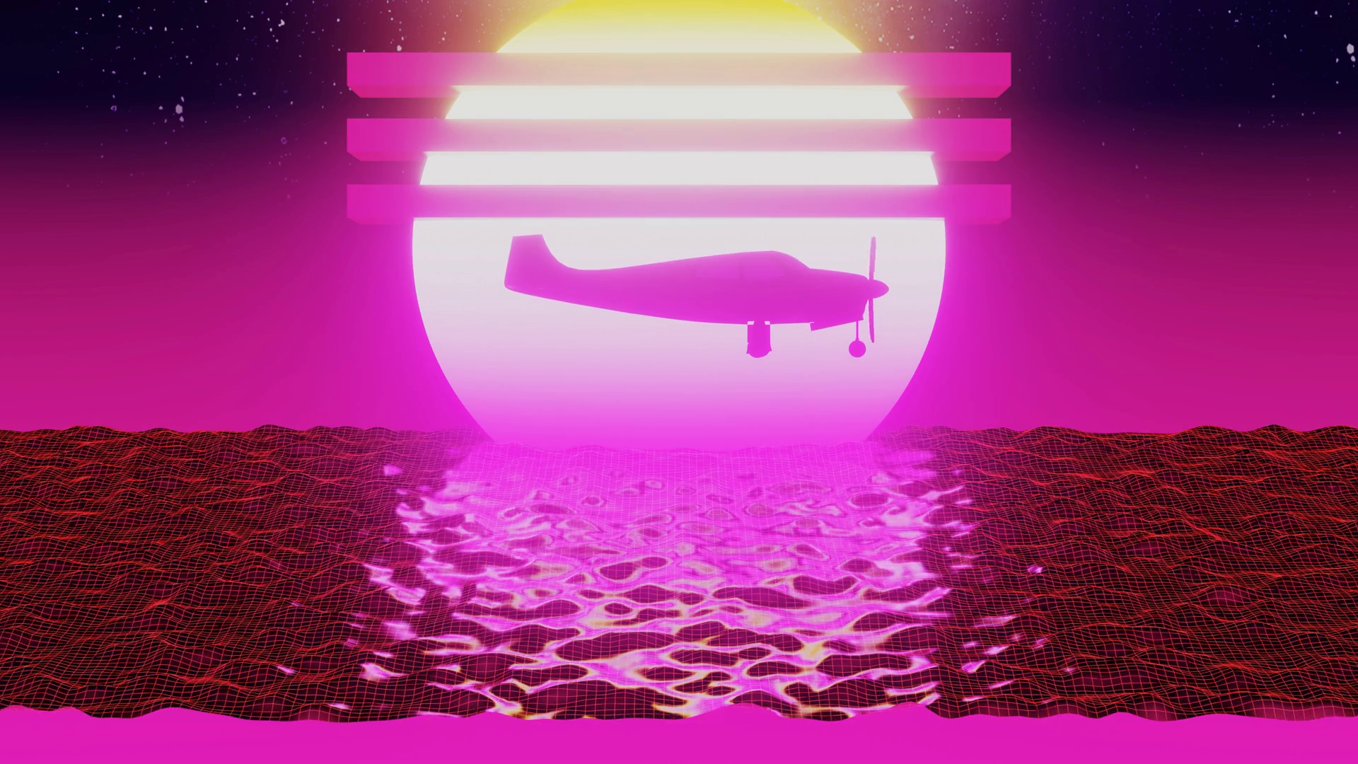 Airplane flying over neon ocean at sunset HD Wallpaper