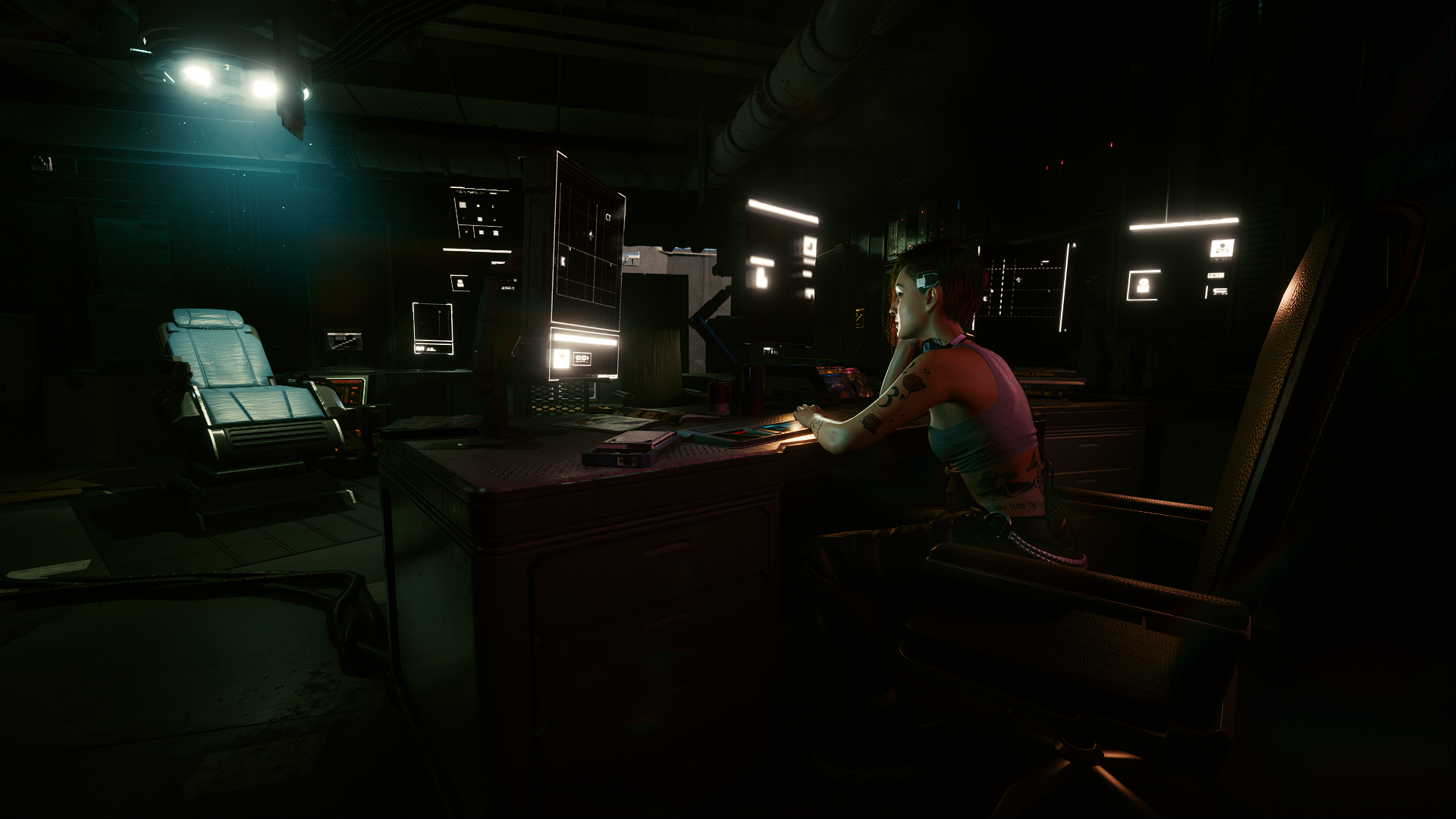 Woman using computer in dark room from Cyberpunk 2077 HD Wallpaper