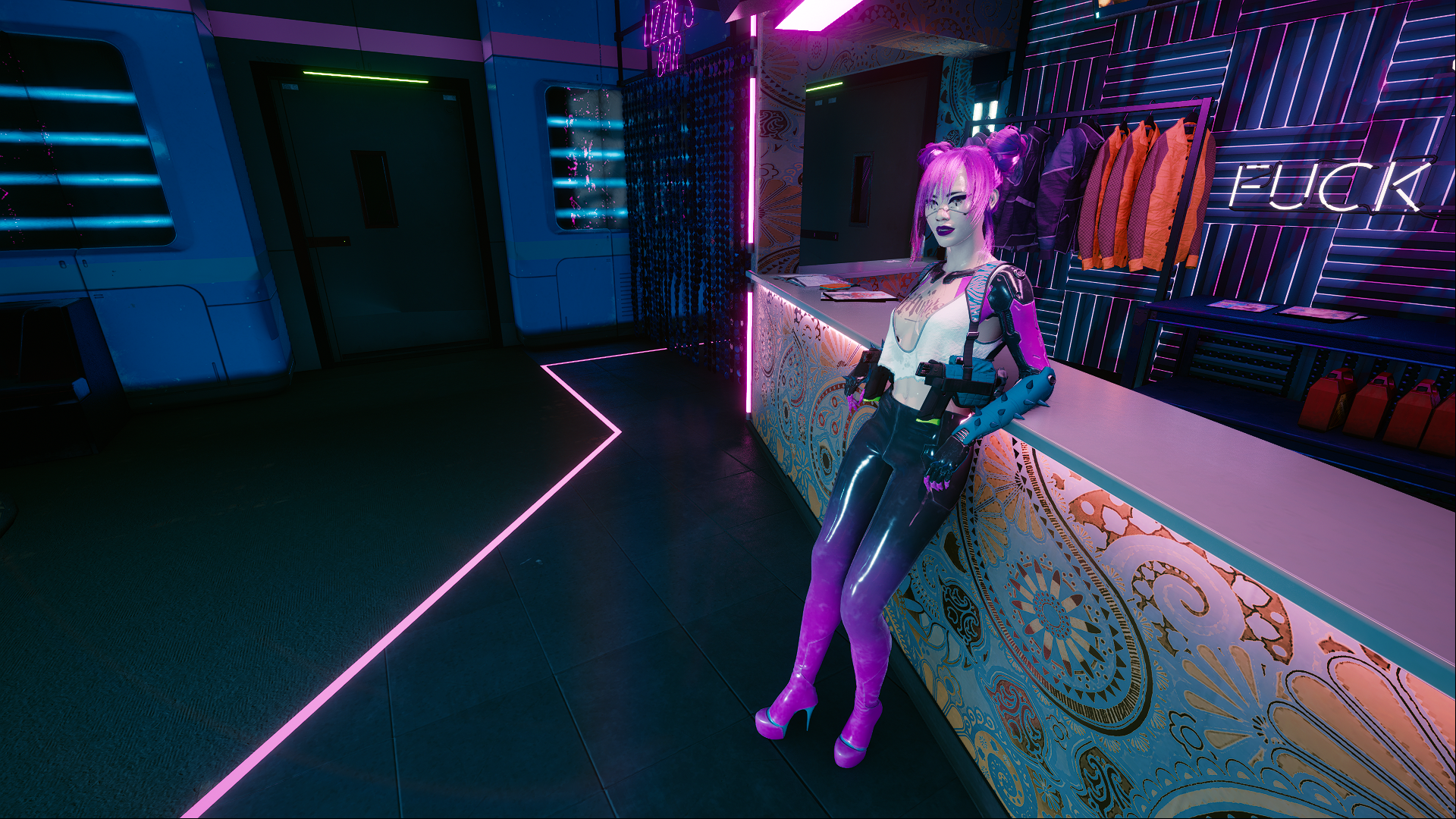 Woman in cyberpunk clothing at a neon-lit counter HD Wallpaper