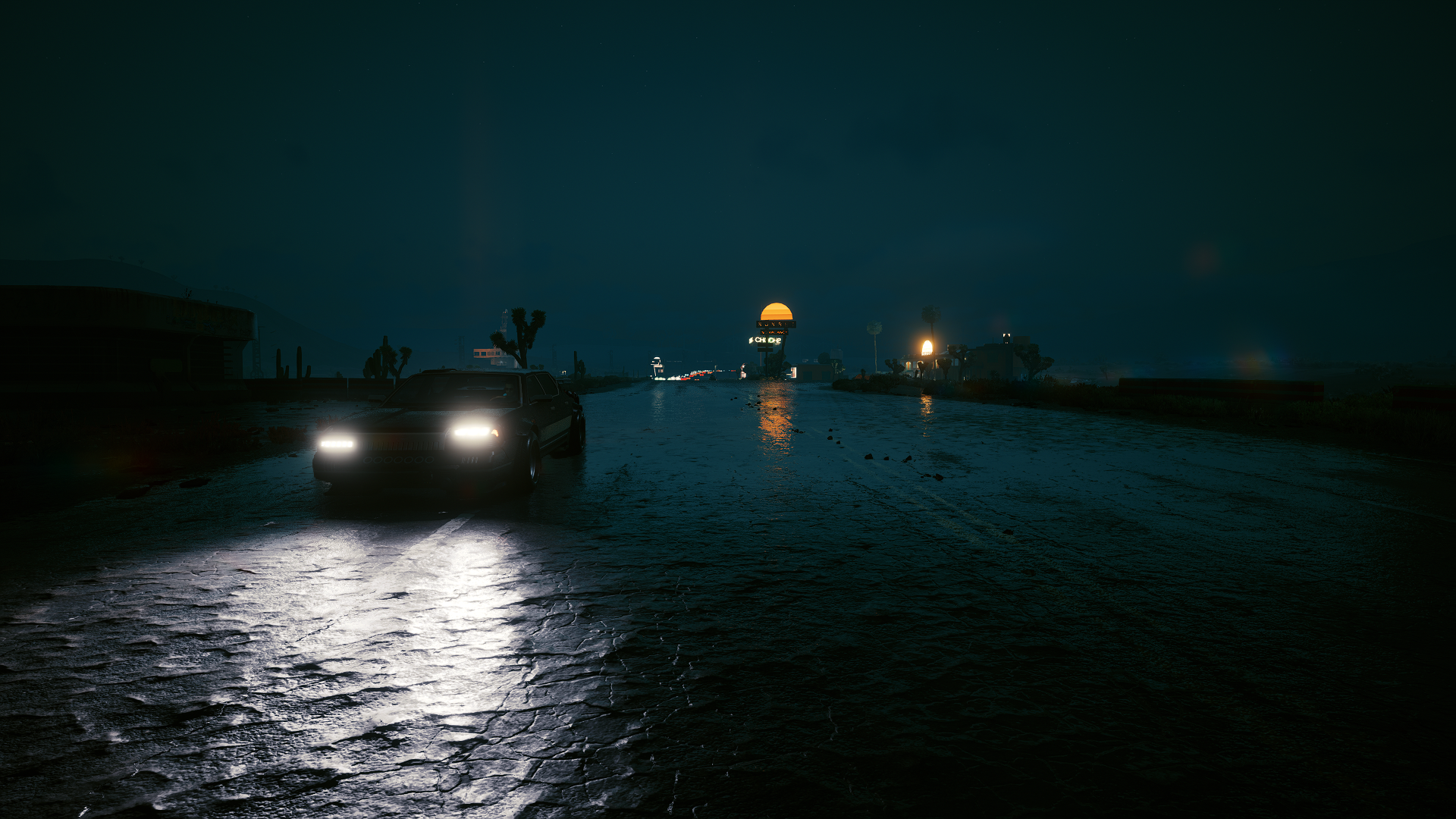 Car driving on wet road at night in Cyberpunk 2077 HD Wallpaper