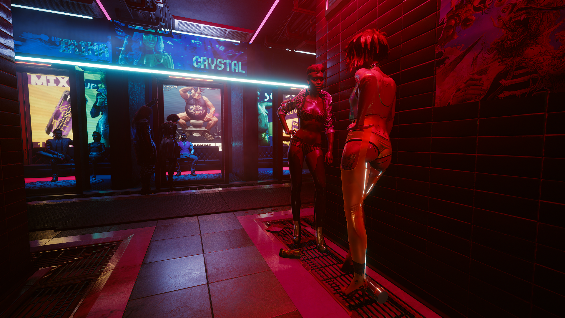Cyberpunk 2077 neon street scene with characters HD Wallpaper