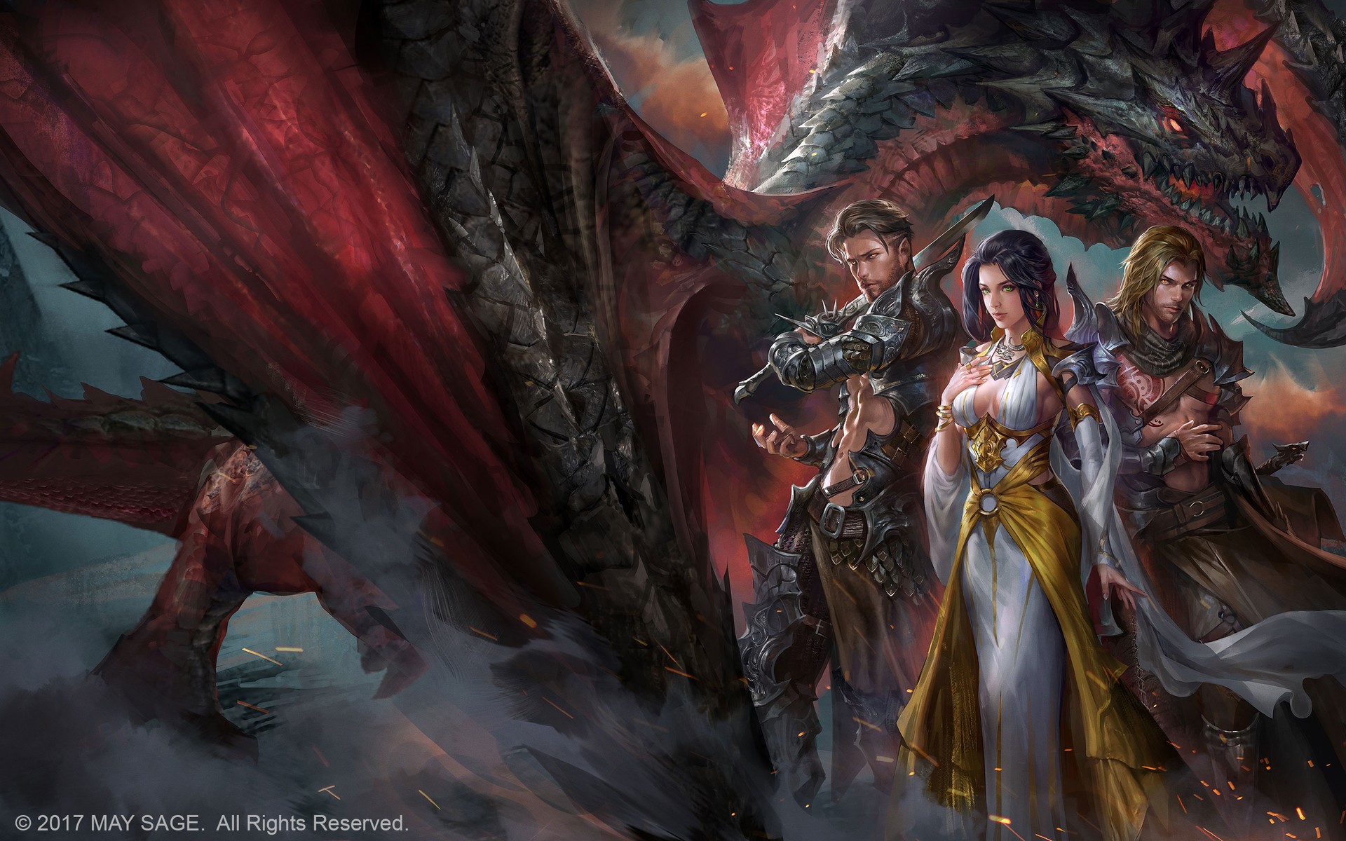Fantasy art of a dragon with warriors and a sorceress HD Wallpaper