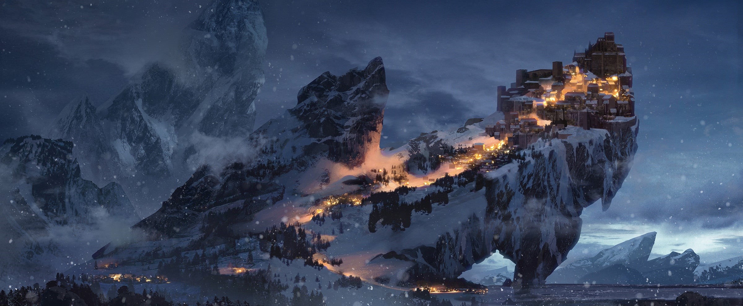 Digital art of a snowy mountain village at night HD Wallpaper