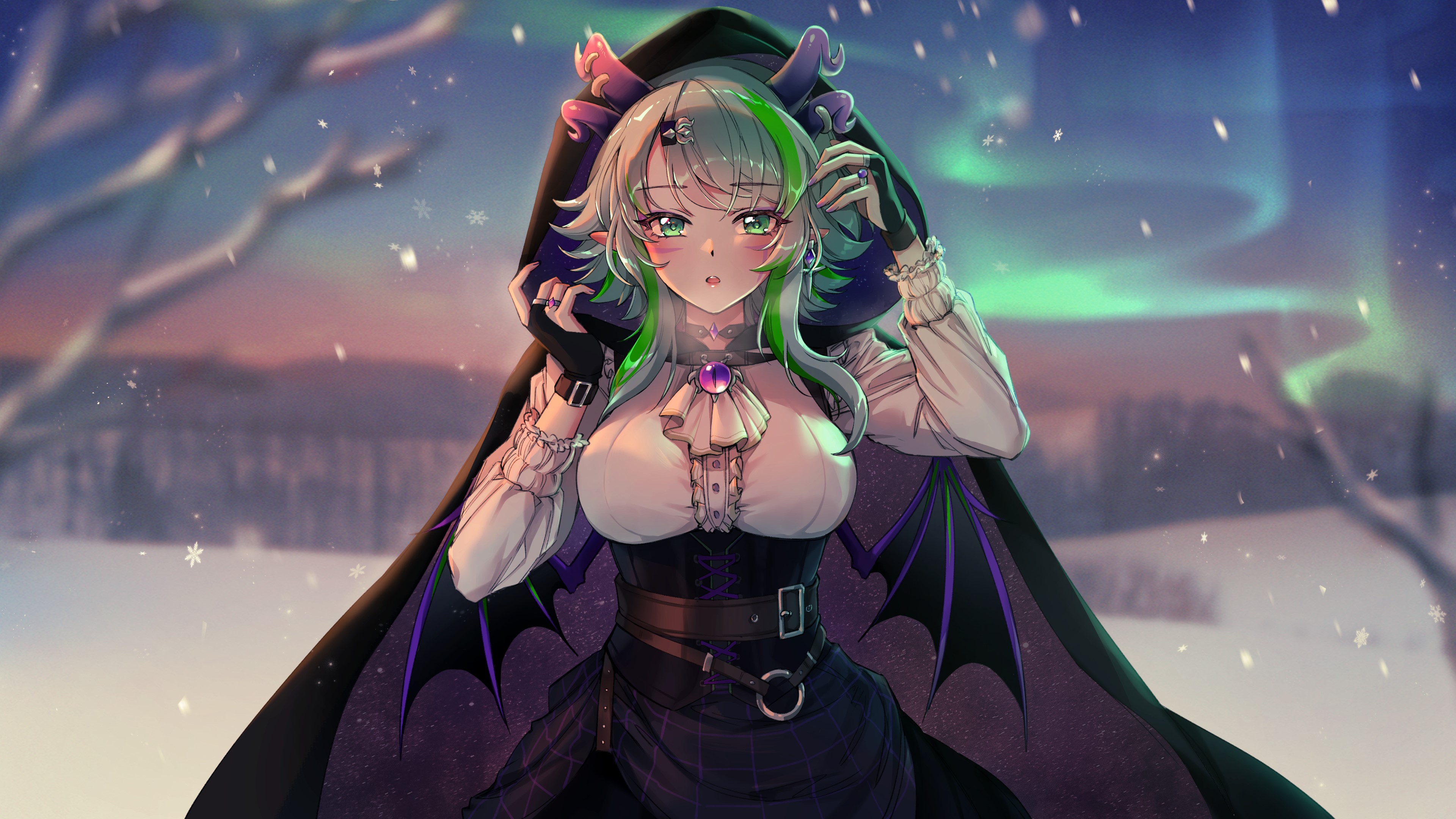 Anime girl with green hair and horns in snow HD Wallpaper