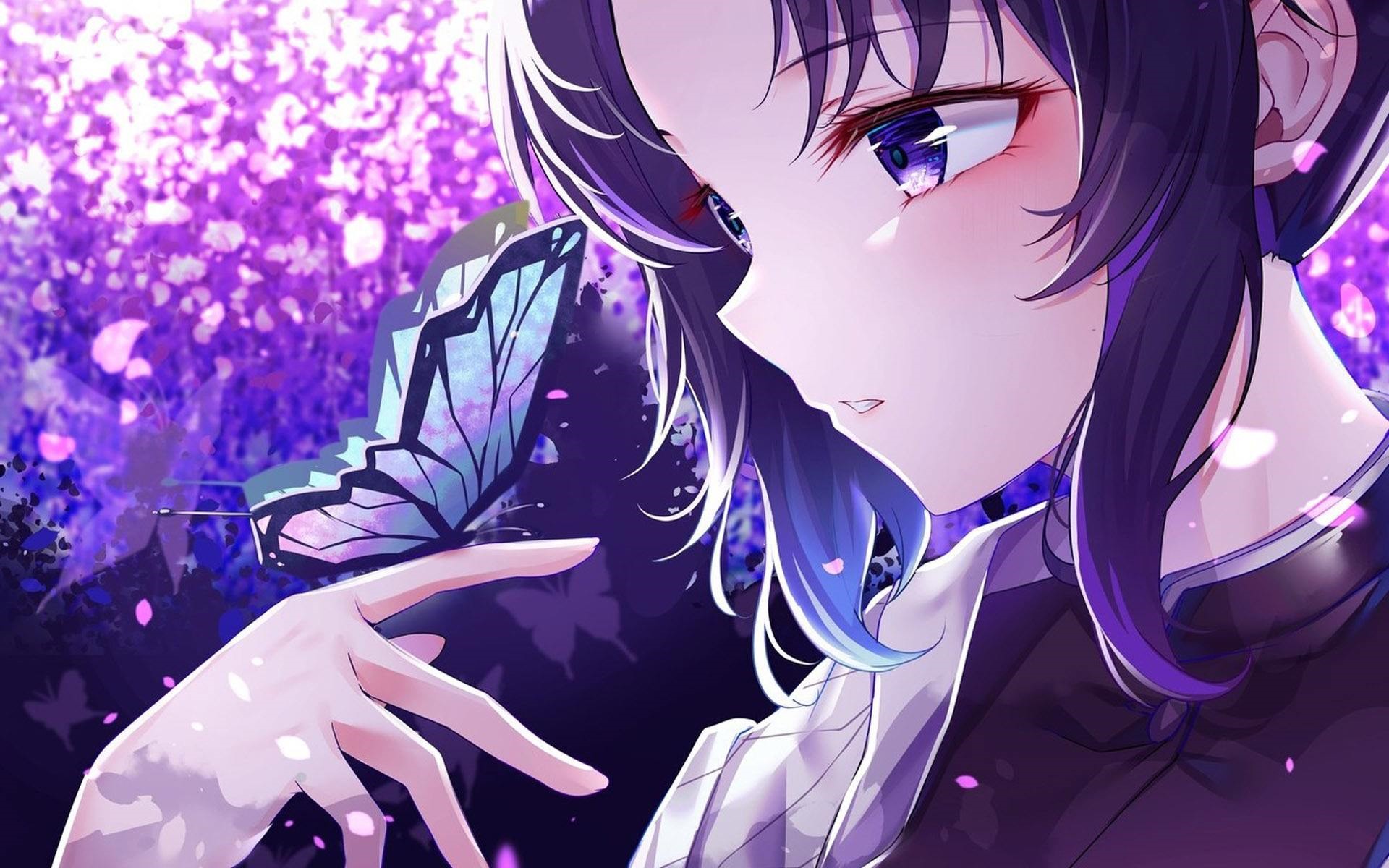 Kochou Shinobu from Kimetsu no Yaiba with a butterfly HD Wallpaper