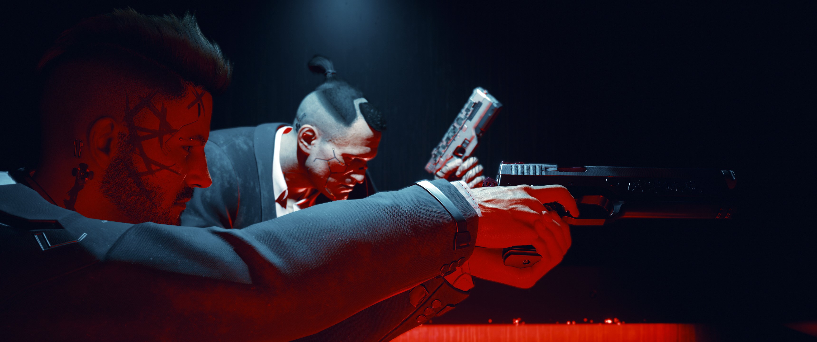 Male Vee and Jackie Welles from Cyberpunk 2077 aiming guns HD Wallpaper