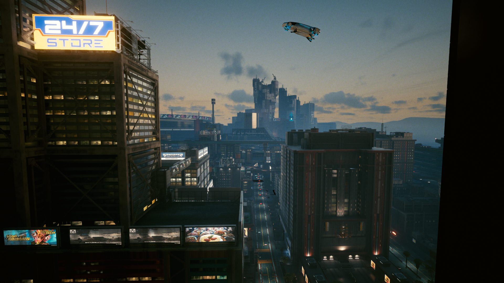 Cyberpunk 2077 cityscape with flying vehicle HD Wallpaper