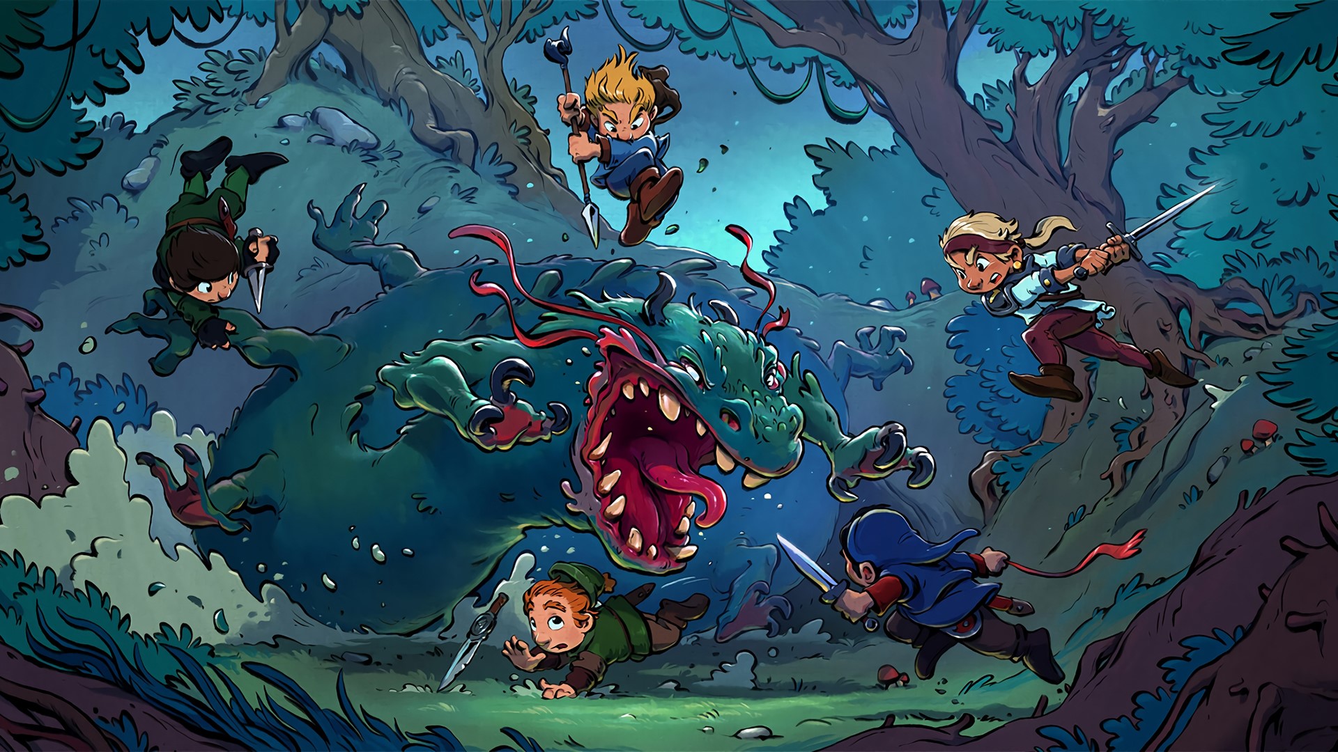 Children fighting a green dragon in a forest HD Wallpaper