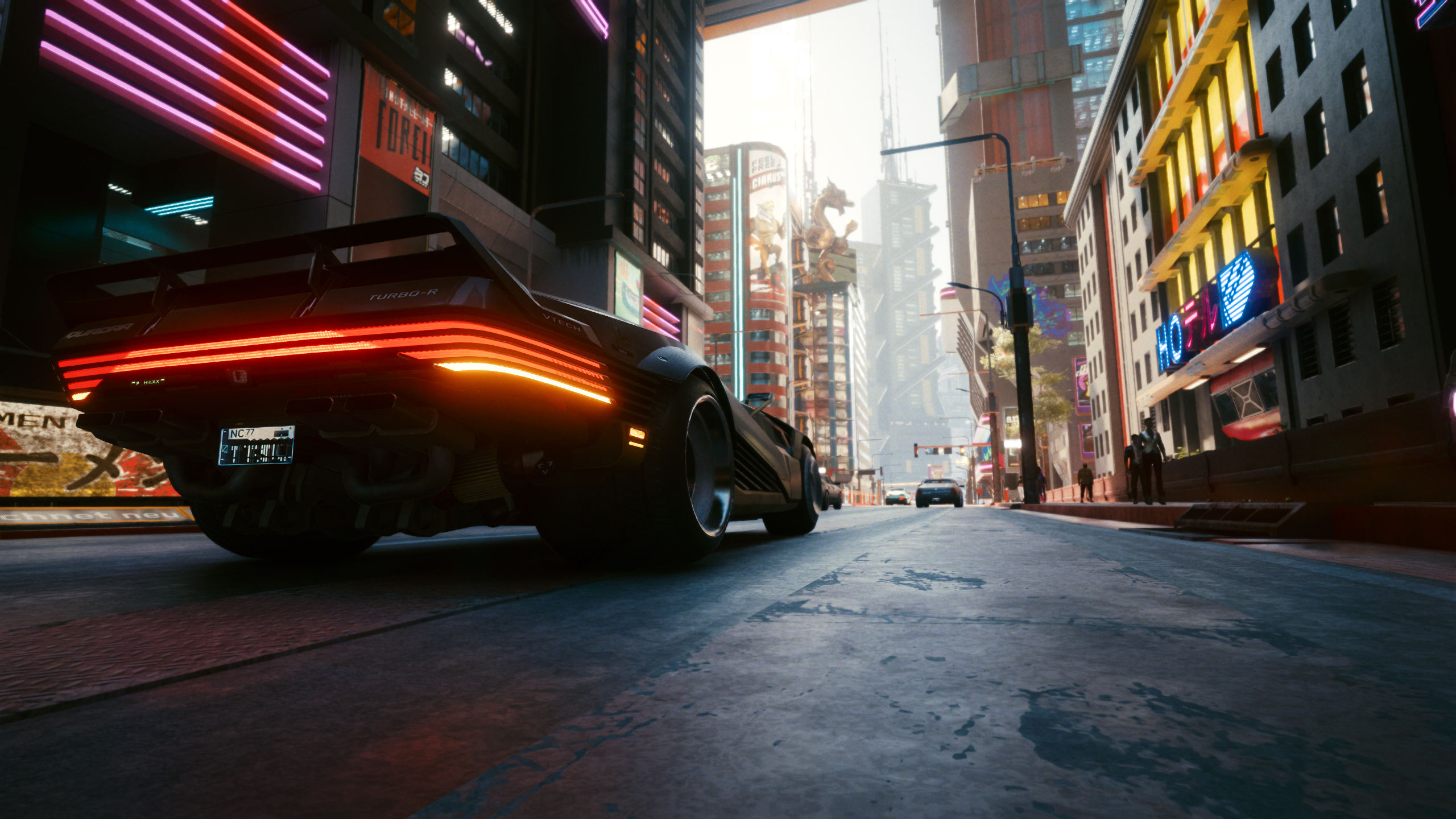 Cyberpunk 2077 car with glowing taillights on city street HD Wallpaper