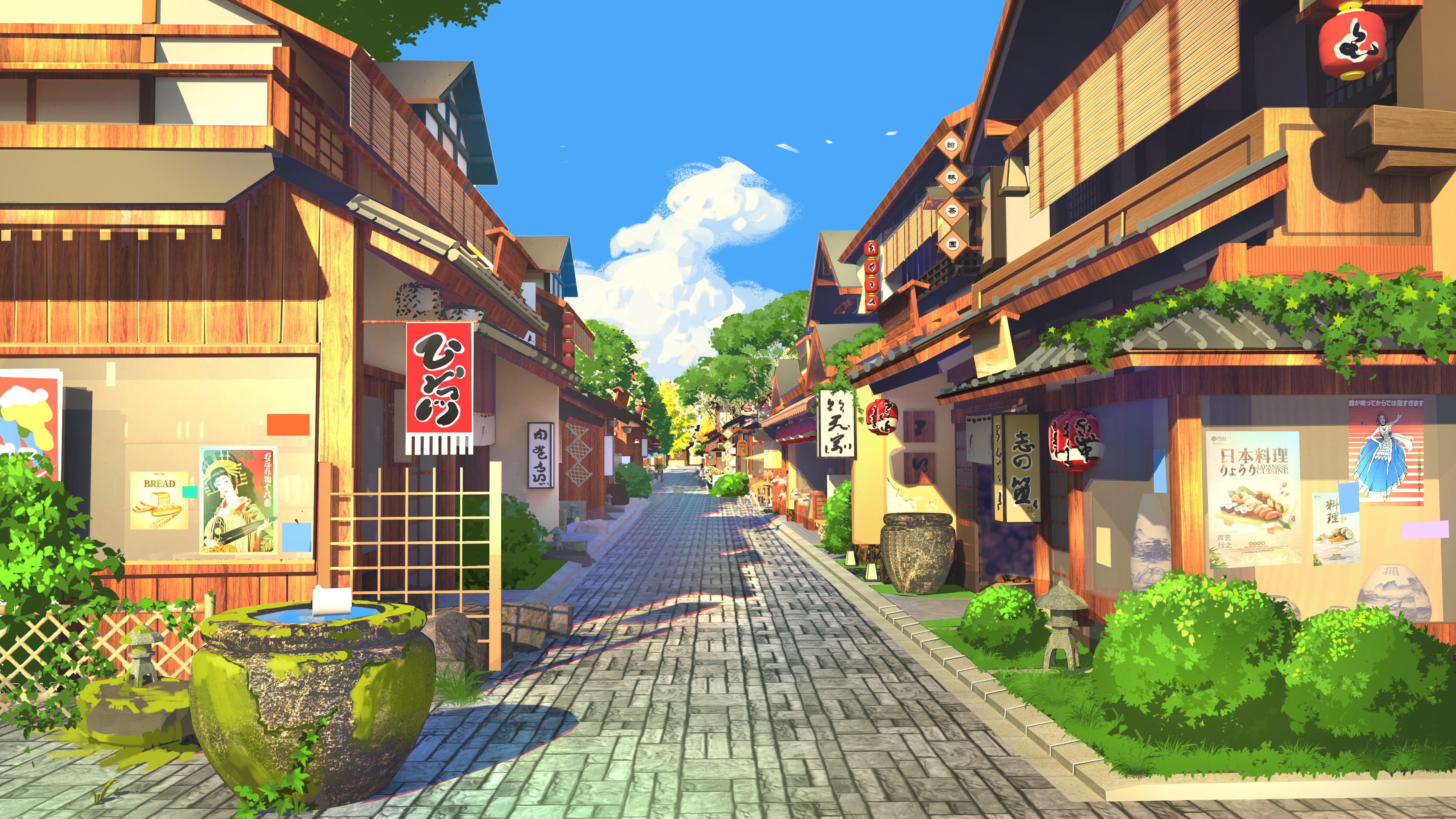 Japanese street with traditional buildings and trees HD Wallpaper