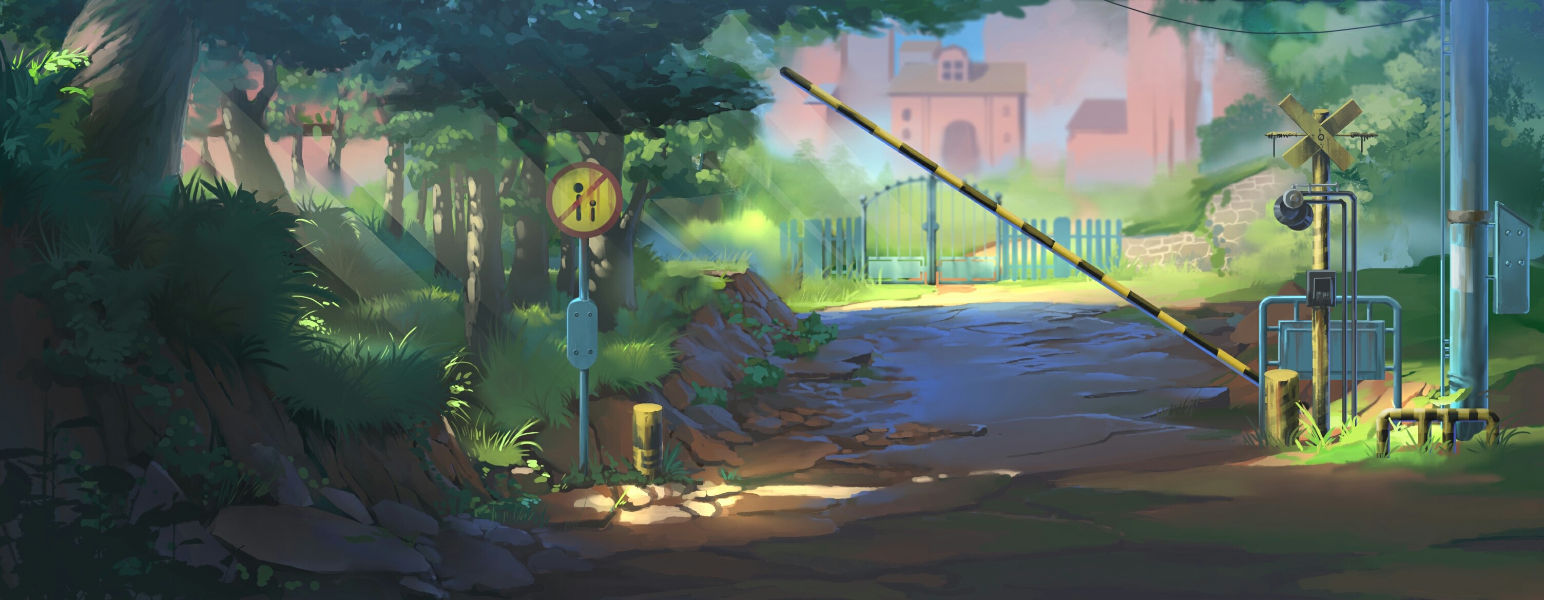 Railway crossing with a barrier and a sign in a forest HD Wallpaper