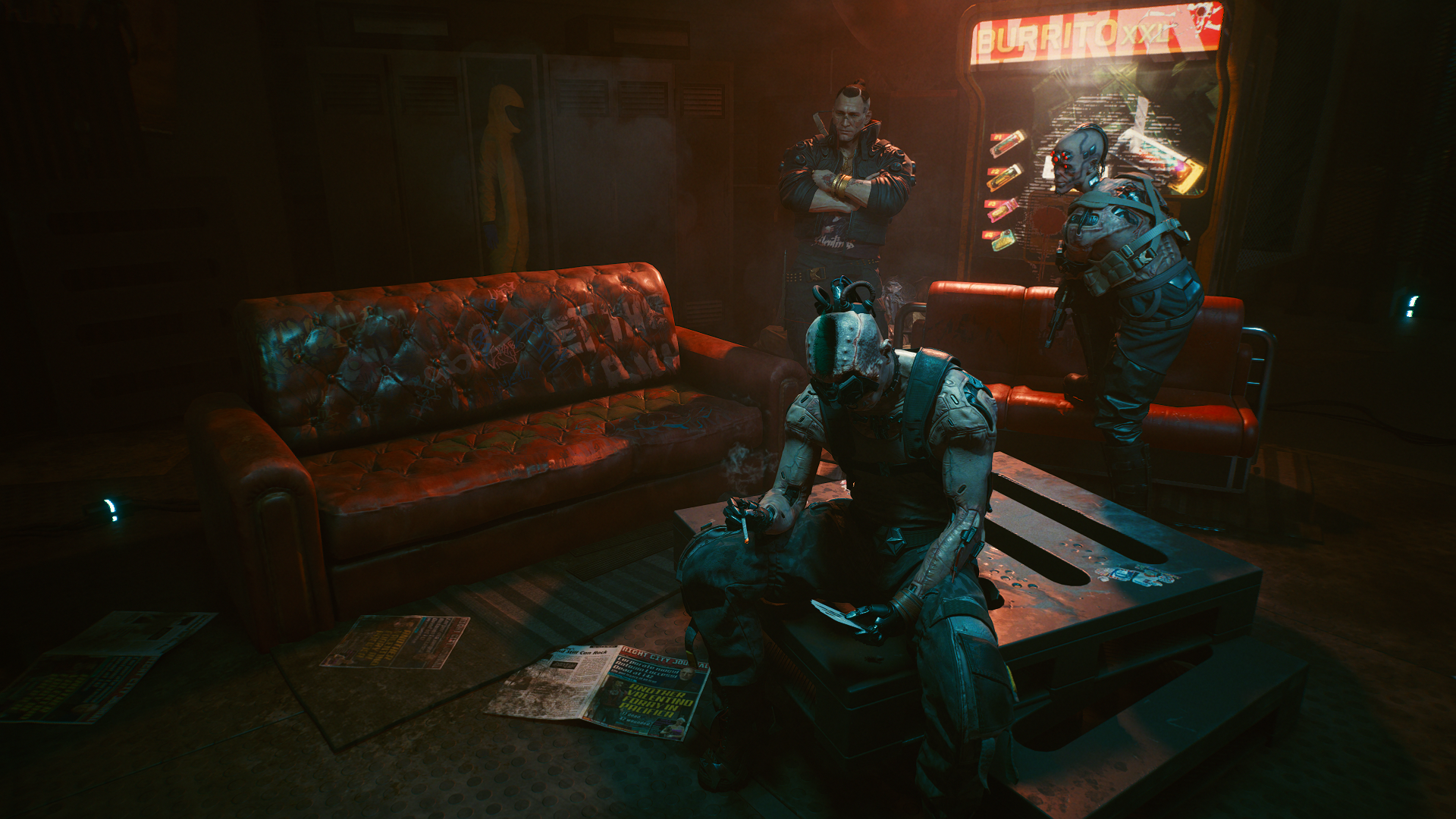 Cyberpunk 2077 characters in a dimly lit room HD Wallpaper