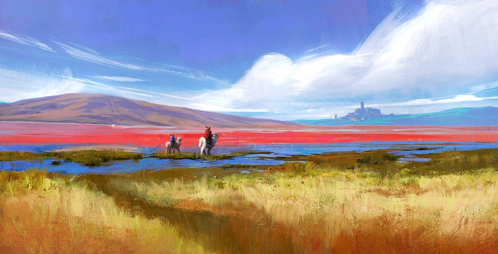 Digital art landscape with riders and castle HD Wallpaper