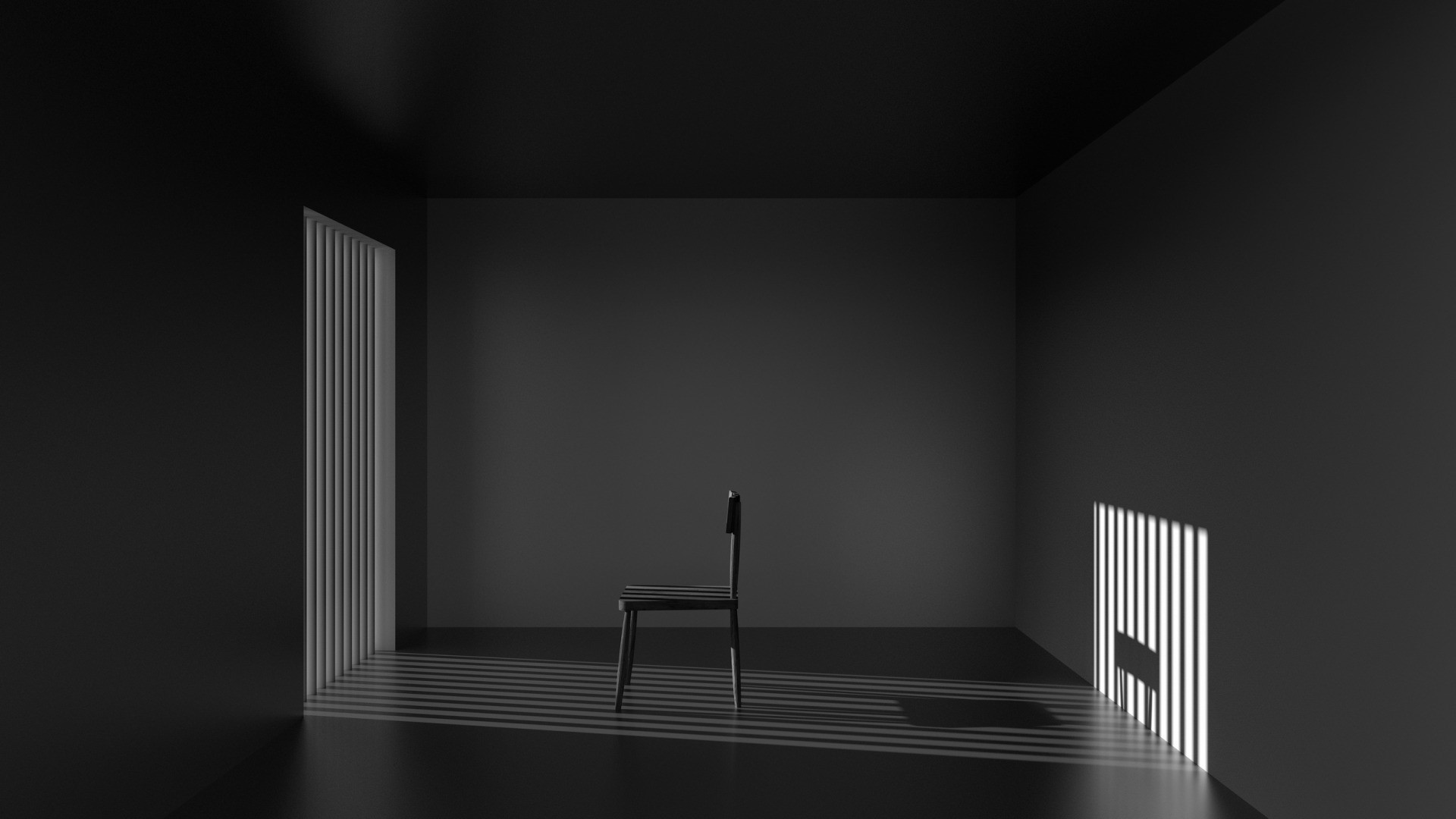 Minimalist dark room with chair and light patterns HD Wallpaper