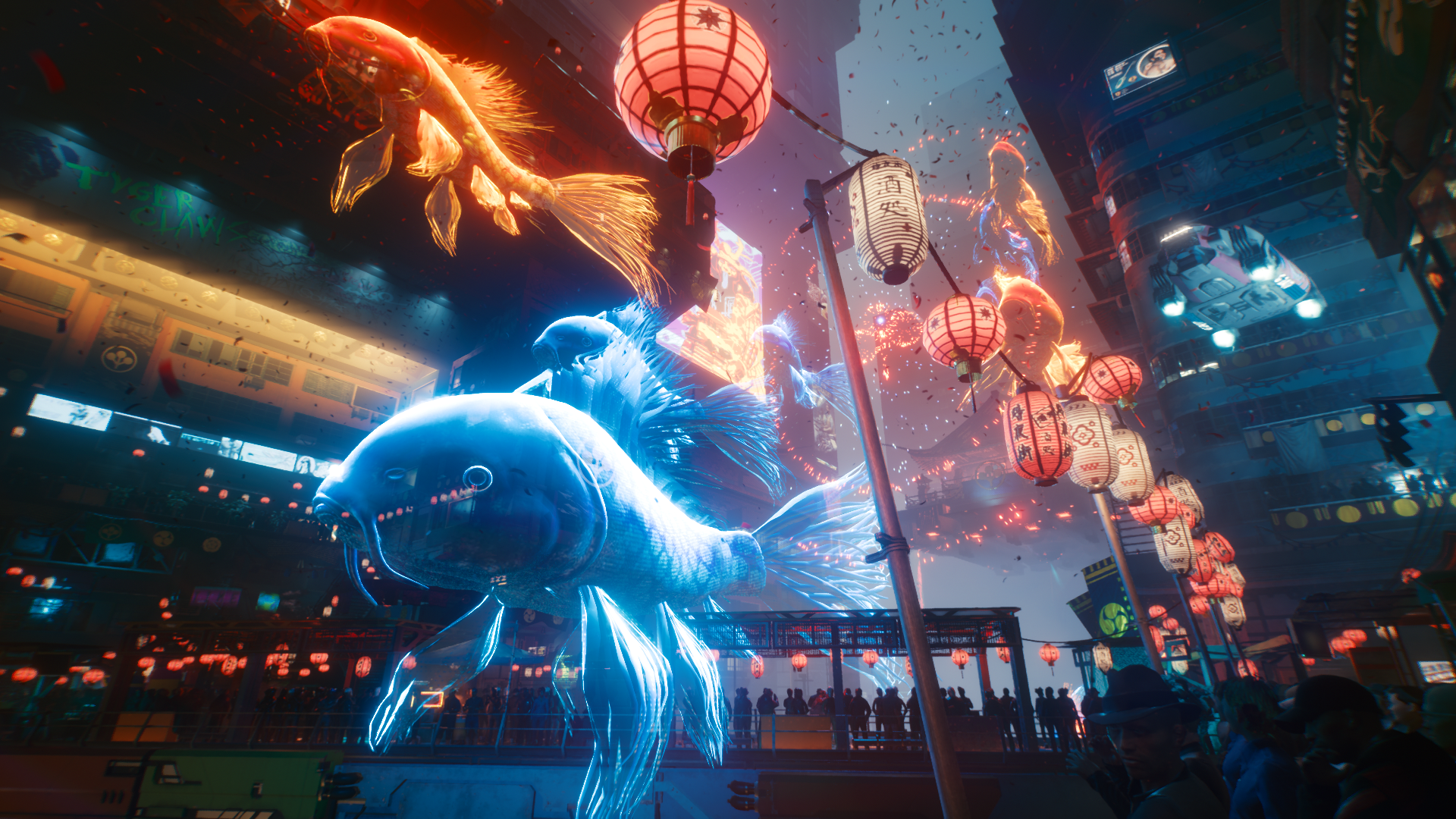 Cyberpunk 2077 holographic koi fish and lanterns HD Wallpaper