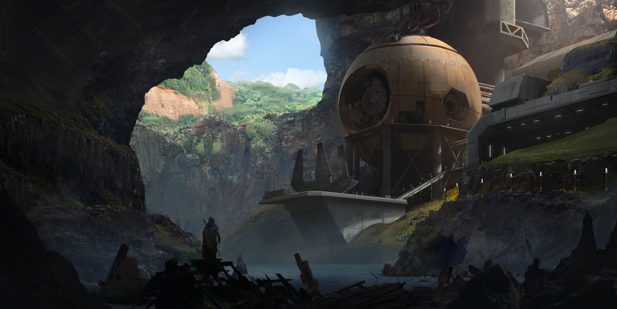 The Mandalorian in a futuristic cave with a large spherical structure HD Wallpaper
