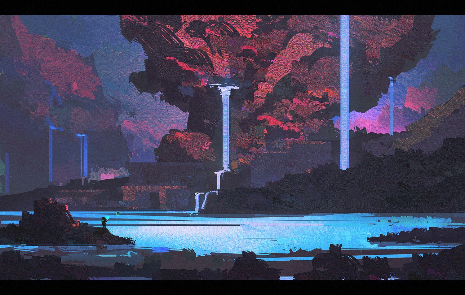 Digital art of a surreal landscape with waterfalls HD Wallpaper