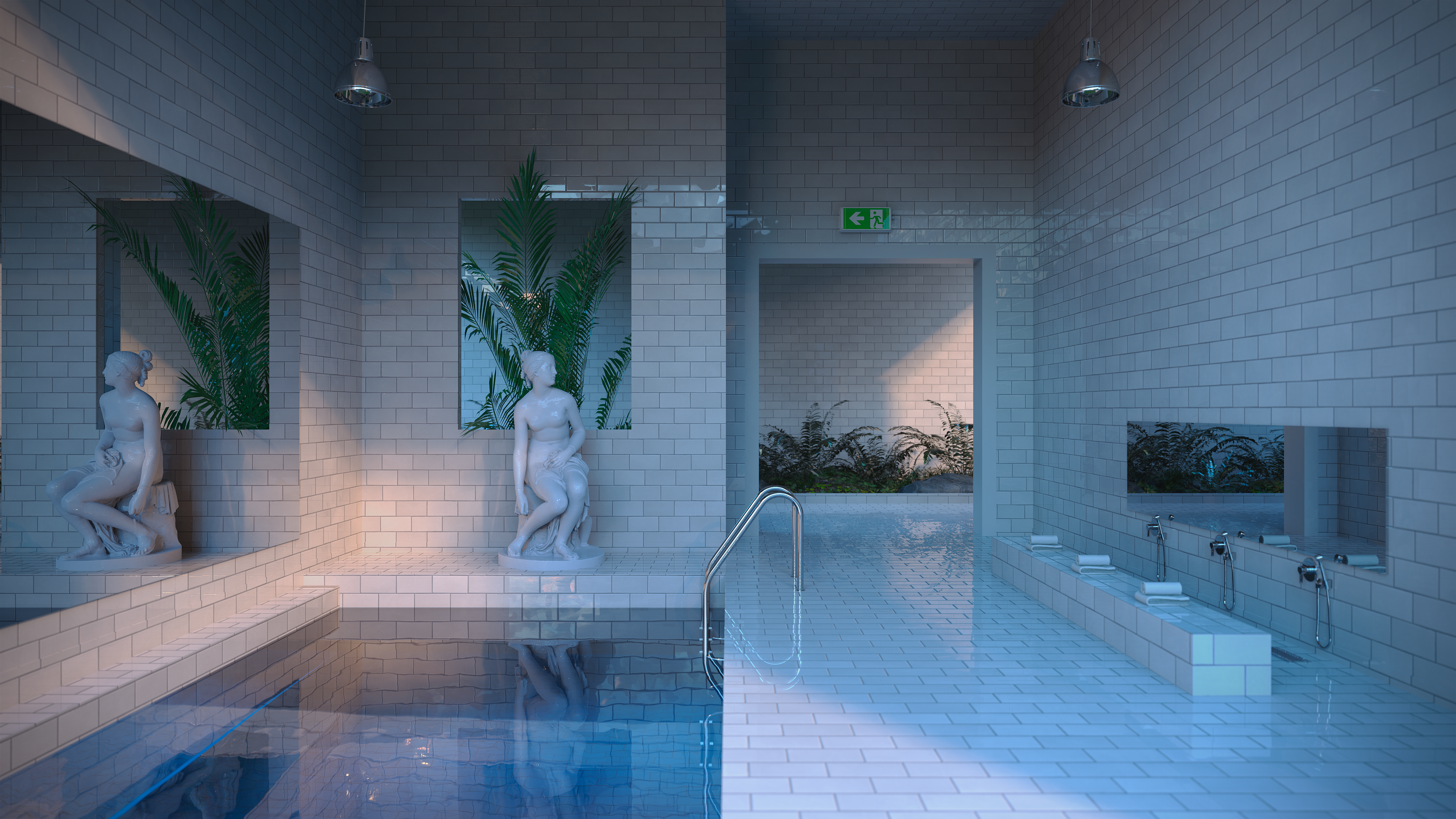 Interior rendering of a tiled swimming pool area with statues HD Wallpaper