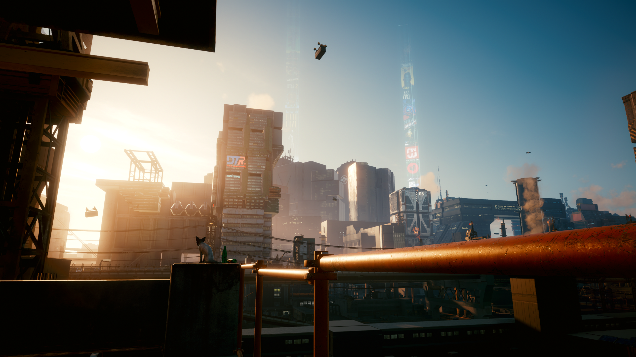Cat on a ledge in a futuristic cityscape HD Wallpaper