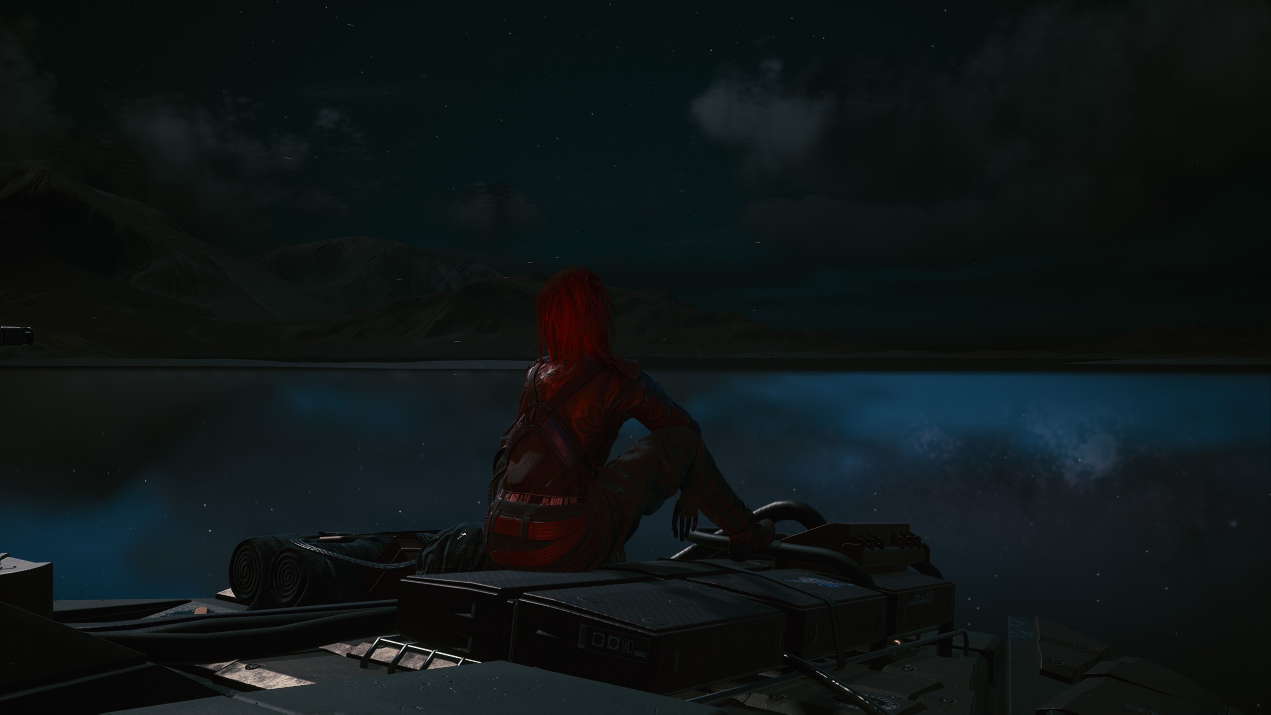 Person with red hair sitting on vehicle at night HD Wallpaper