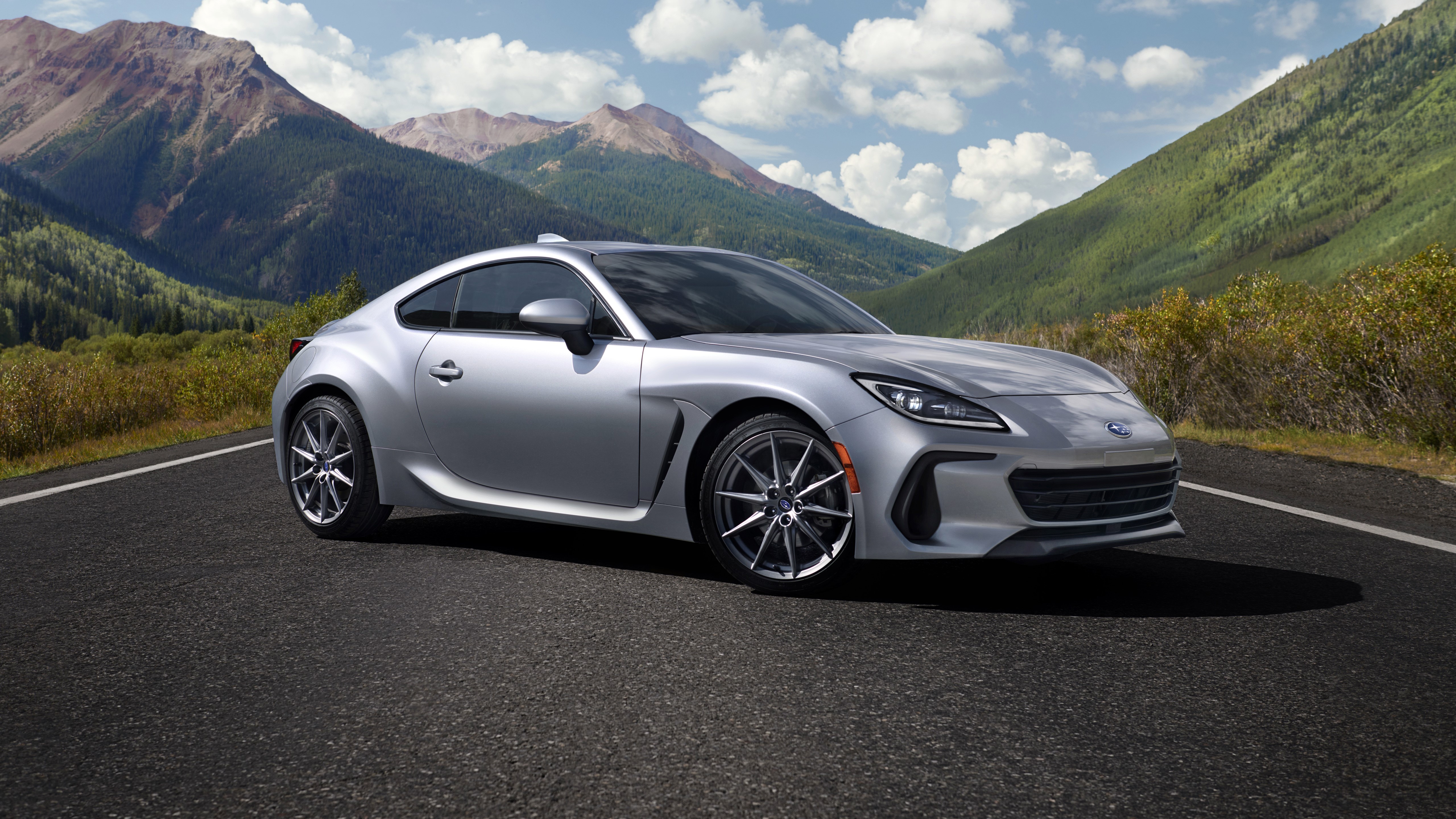 Silver Subaru BRZ sports car on a mountain road HD Wallpaper