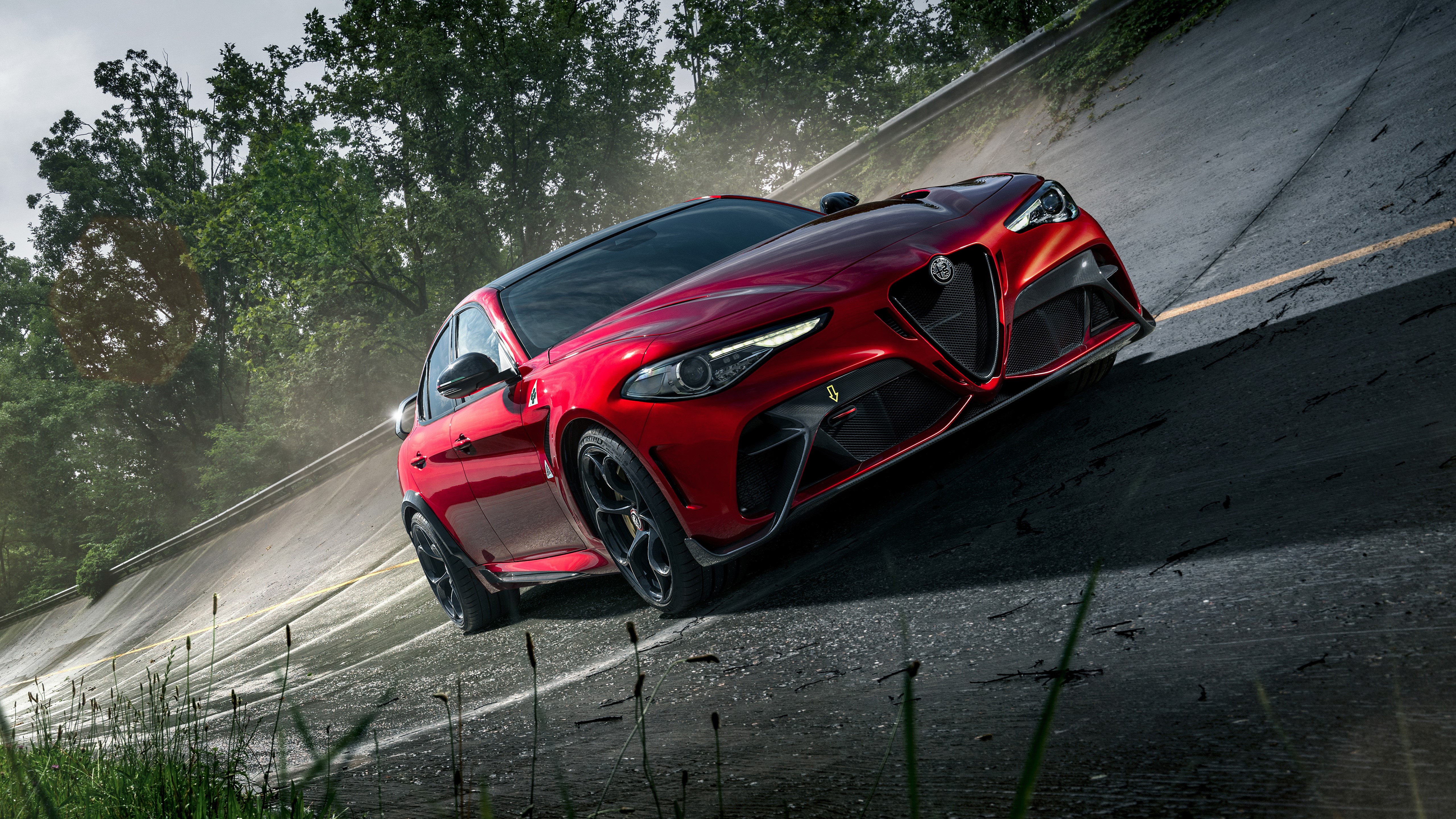 4K Red Alfa Romeo Giulia Sports Car on Track HD Wallpaper