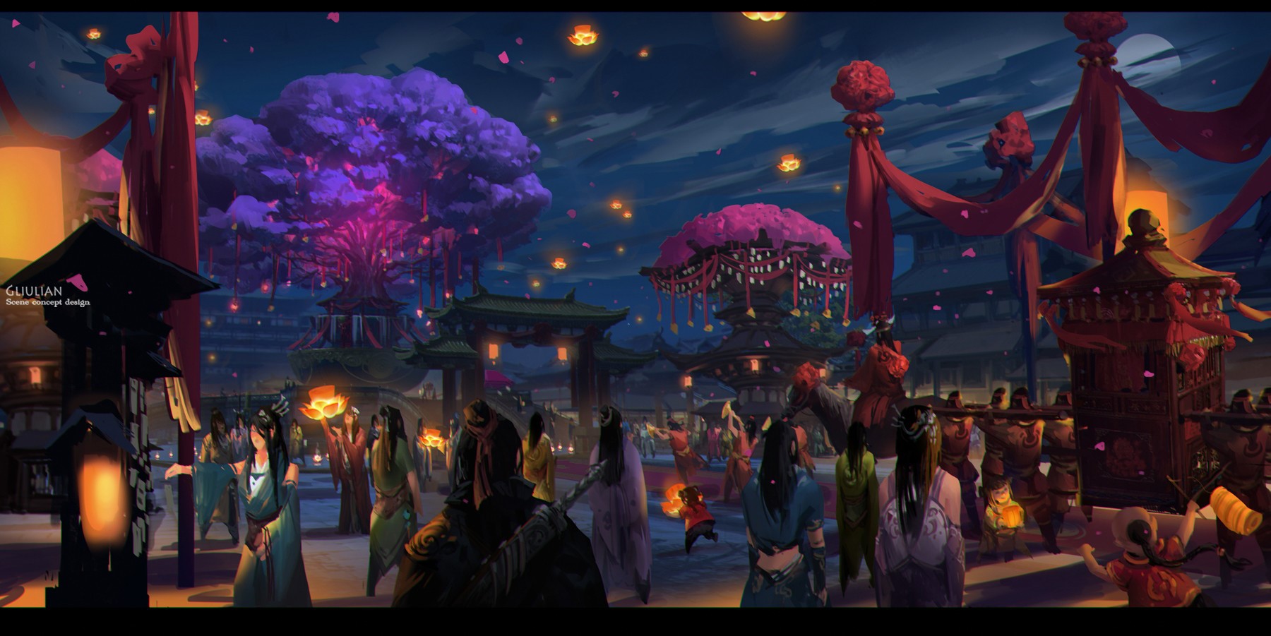 People celebrating at a festival with lanterns and trees HD Wallpaper
