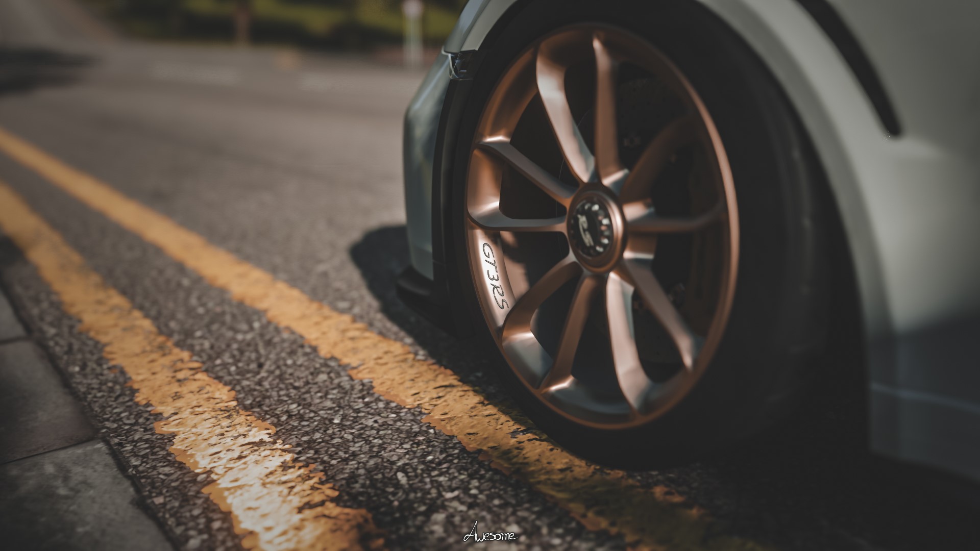 Porsche GT3 RS wheel on a road HD Wallpaper