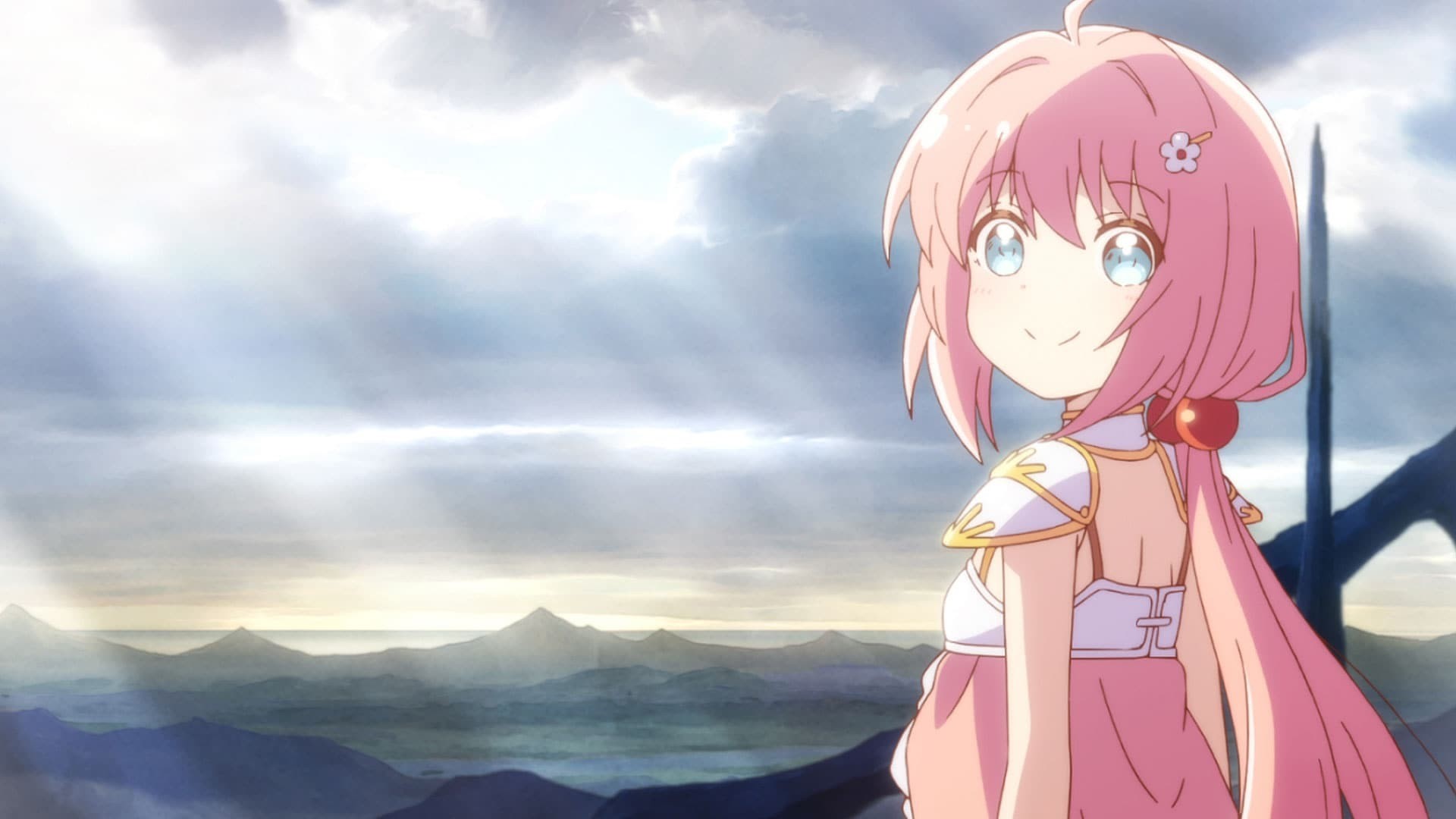 Anime girl with pink hair and blue eyes in a landscape HD Wallpaper