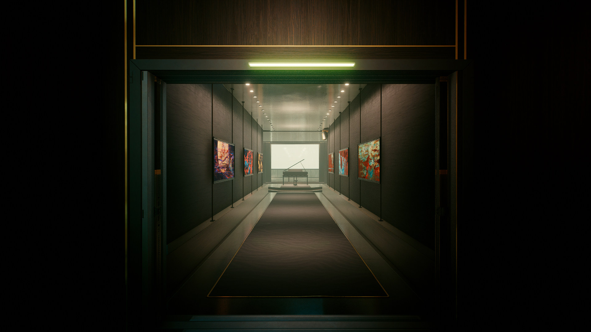 Hallway with paintings and a piano in Cyberpunk 2077 HD Wallpaper