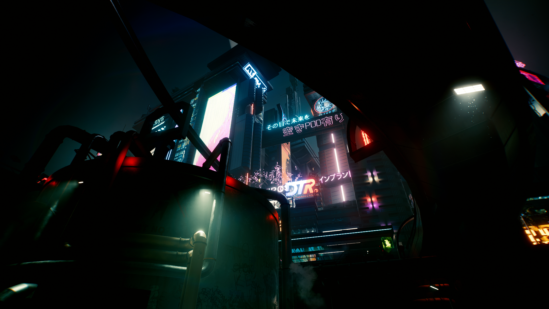 Cyberpunk 2077 cityscape with neon signs HD Wallpaper