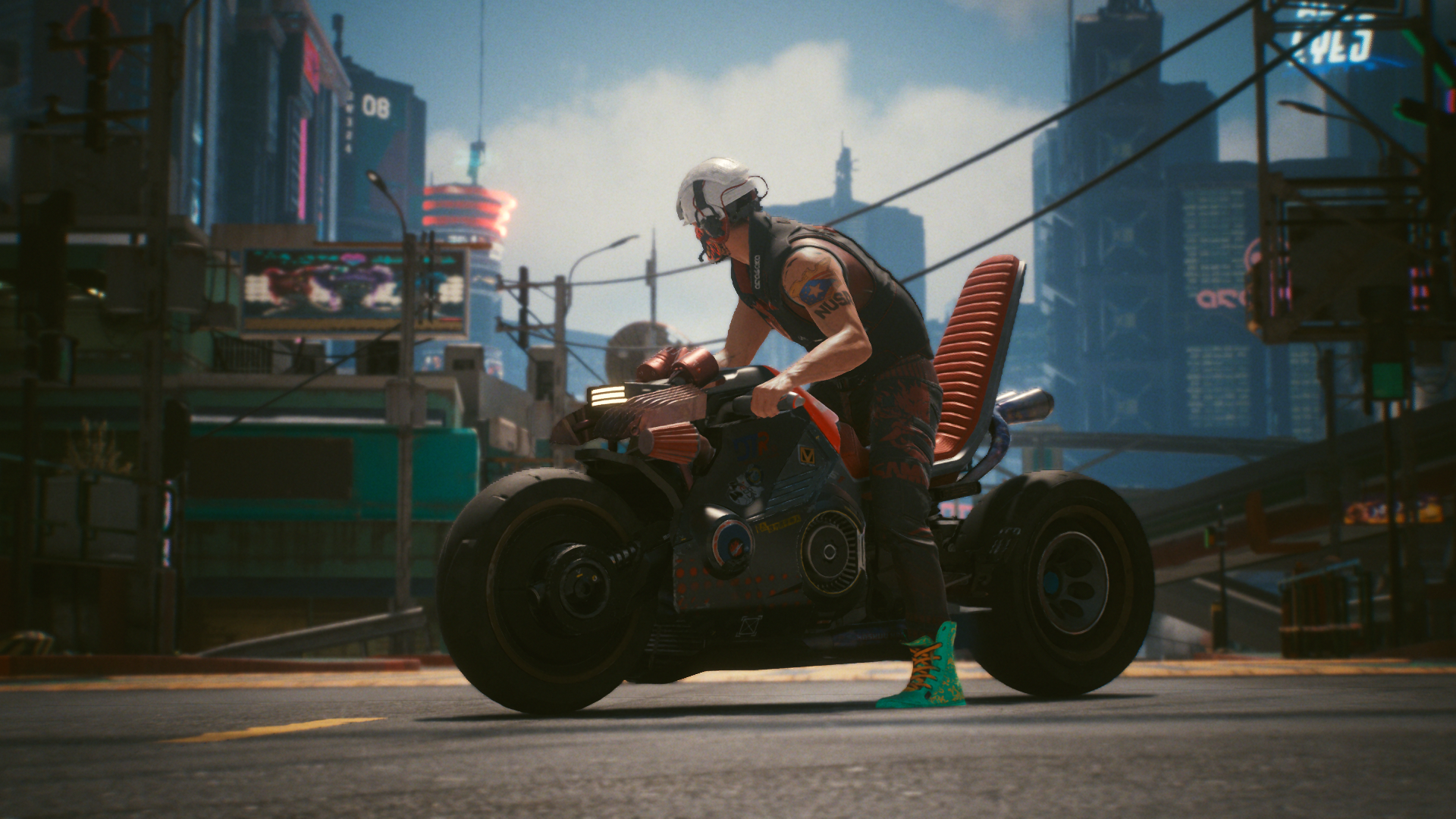 Man riding a motorcycle in Cyberpunk 2077 HD Wallpaper