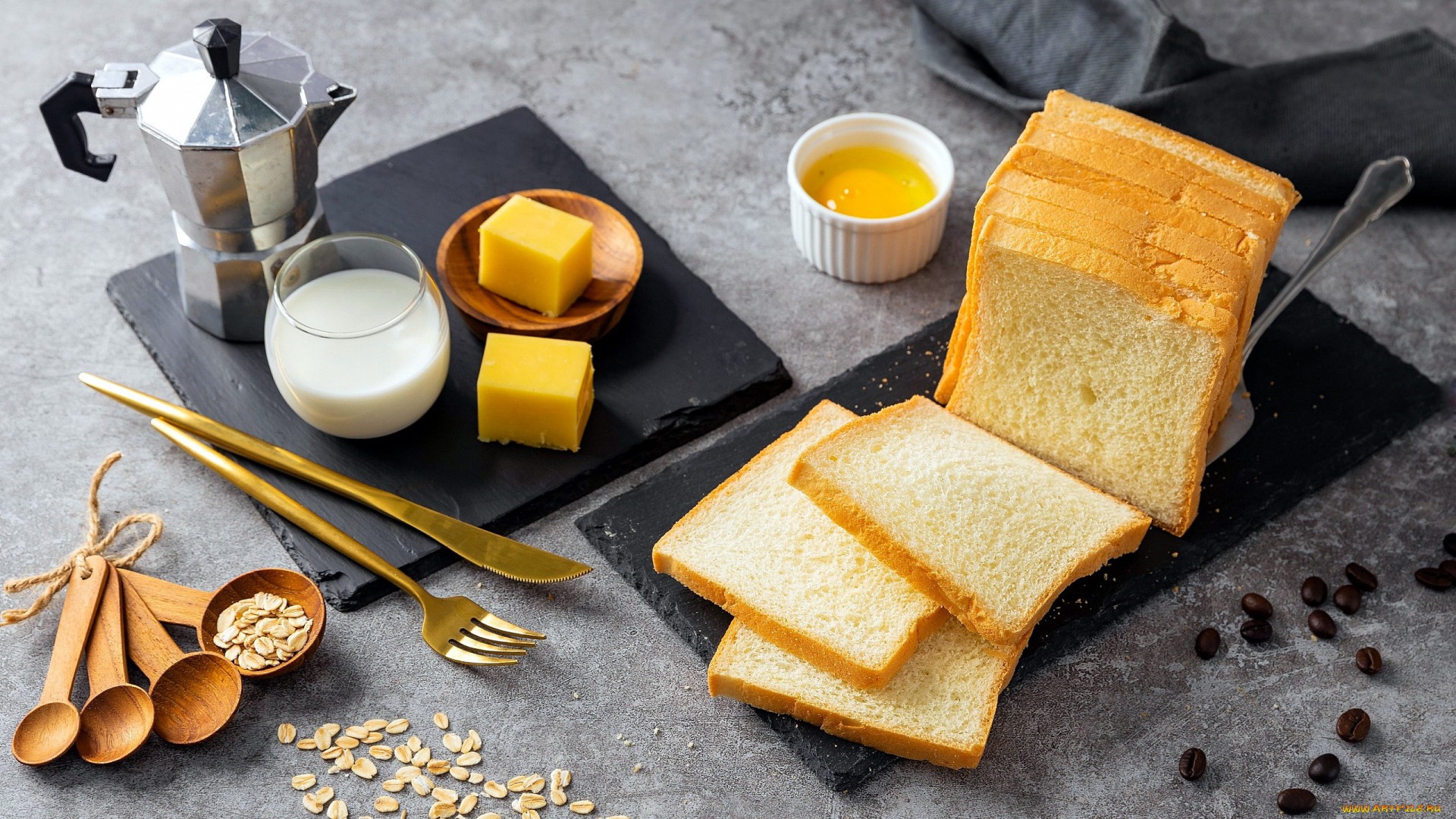 Breakfast spread with bread, cheese, milk, and coffee maker HD Wallpaper