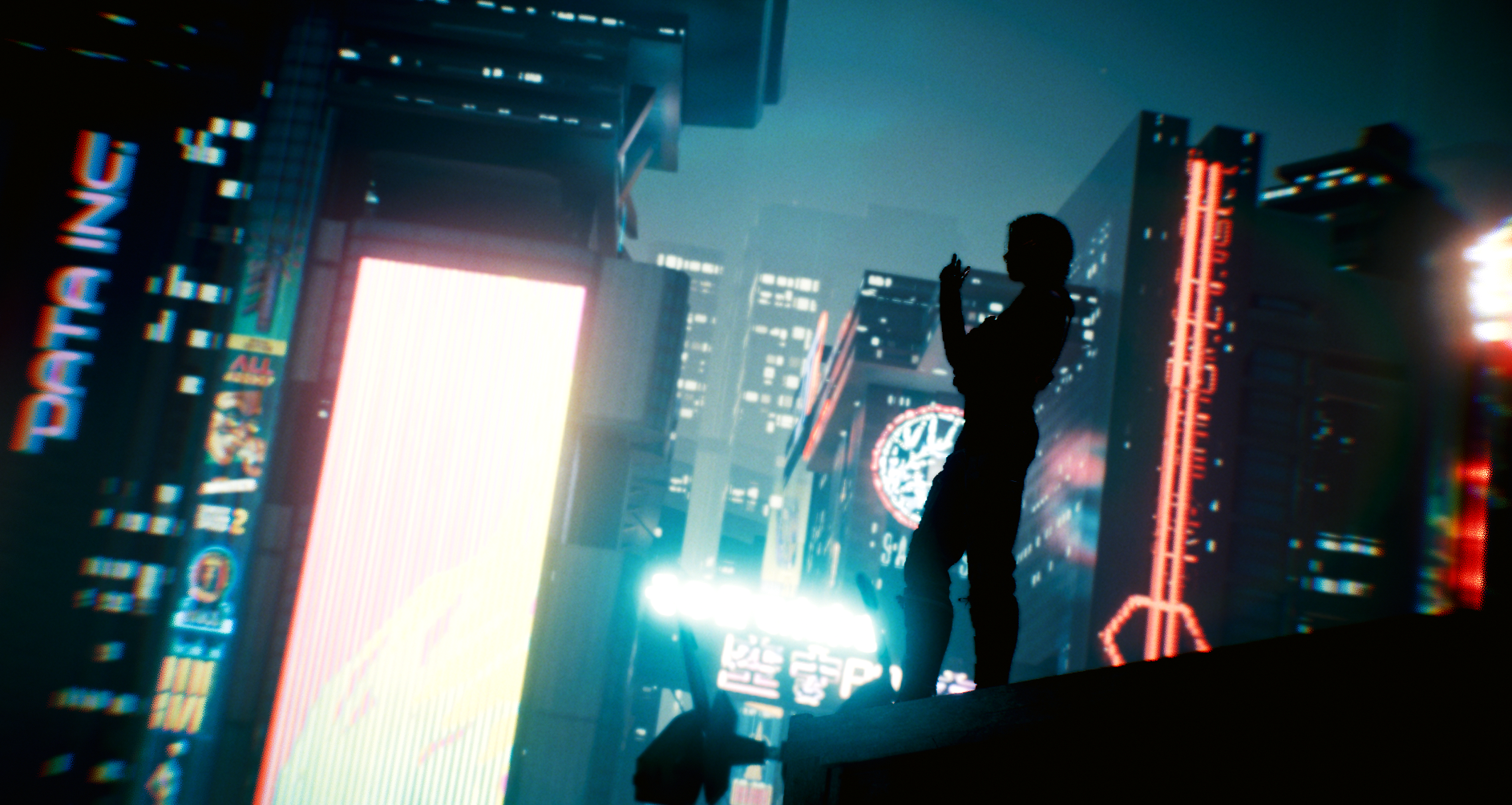 Silhouette of a person in a futuristic city HD Wallpaper