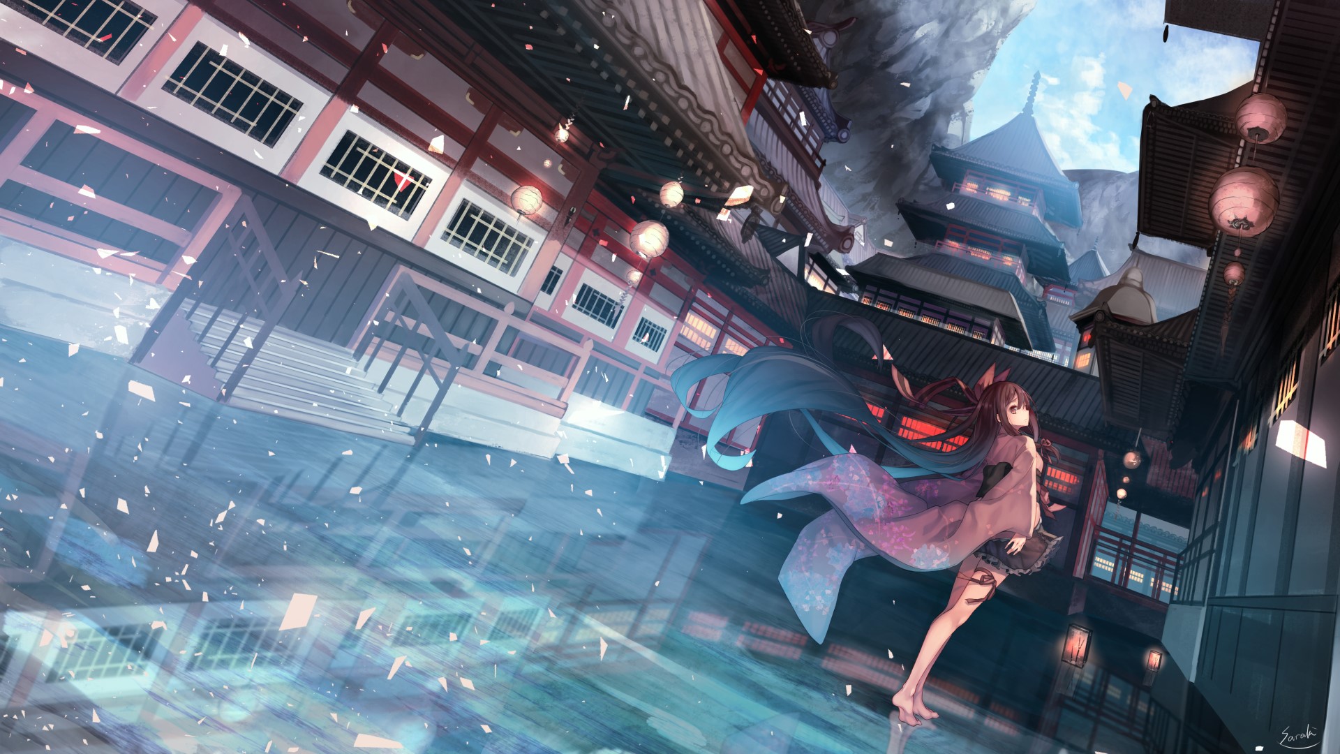 Anime girl in Japanese clothes in a traditional Japanese town HD Wallpaper