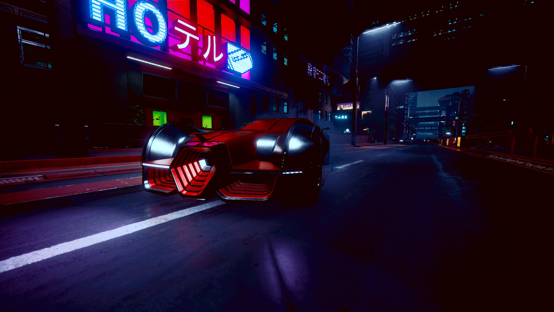 Cyberpunk 2077 car on a neon city street at night HD Wallpaper