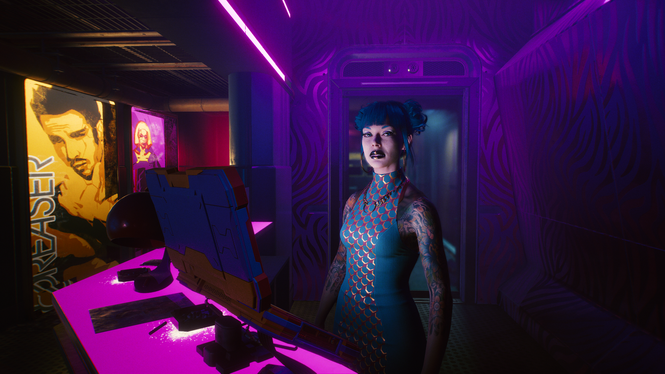 Woman with blue hair in Cyberpunk 2077 HD Wallpaper