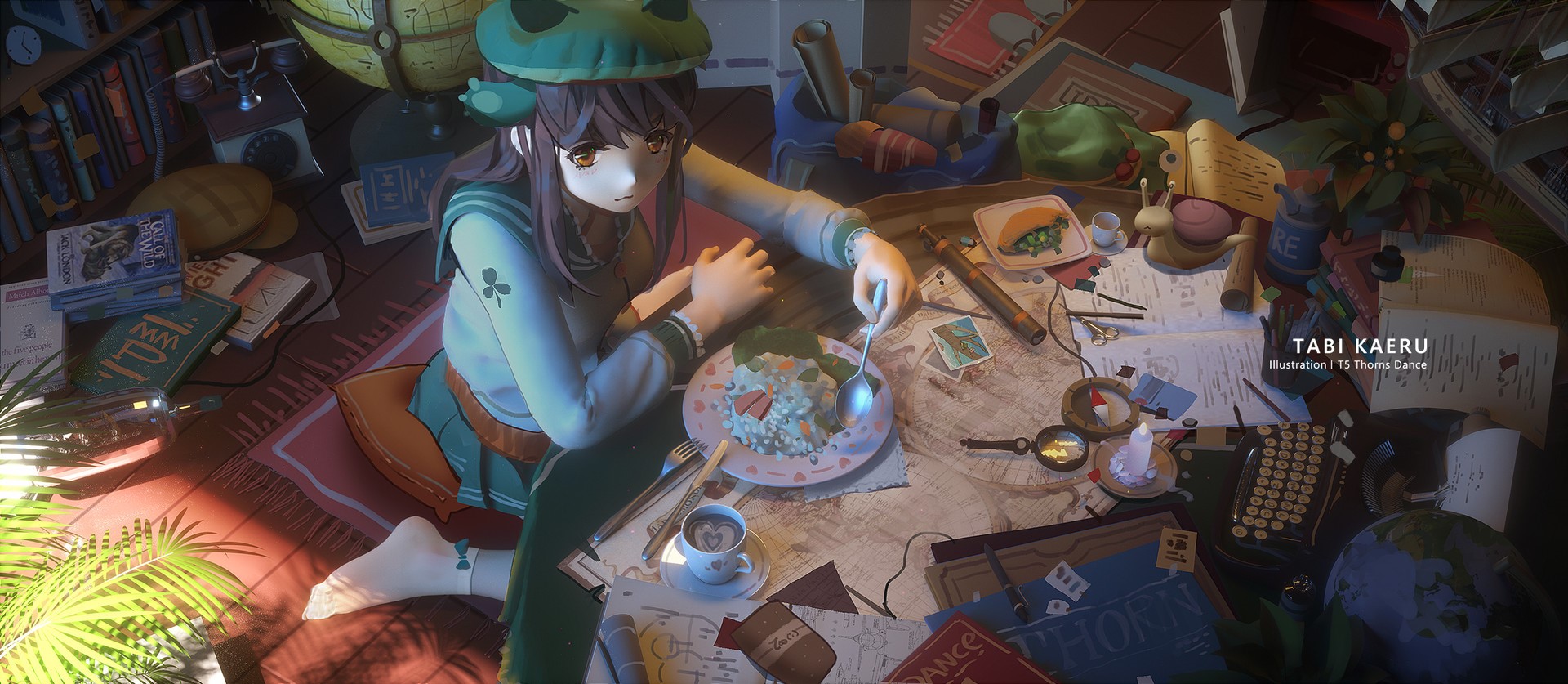 Girl in school uniform eating at a cluttered desk HD Wallpaper
